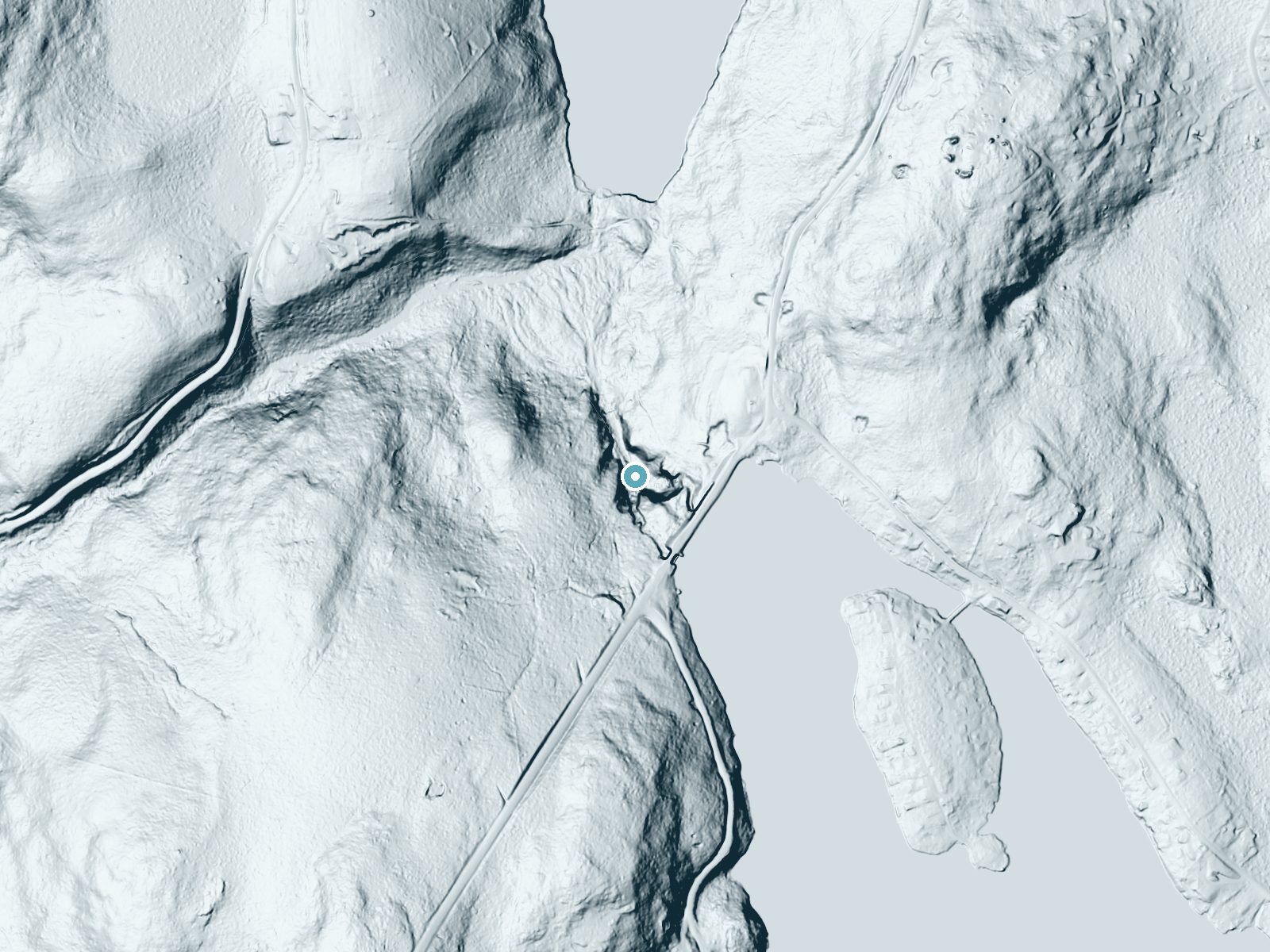 LiDAR bare-earth terrain around Otis Falls near Riverton, Massachusetts, showing about 100 feet of drop, a steep tiered drop, facing northwest