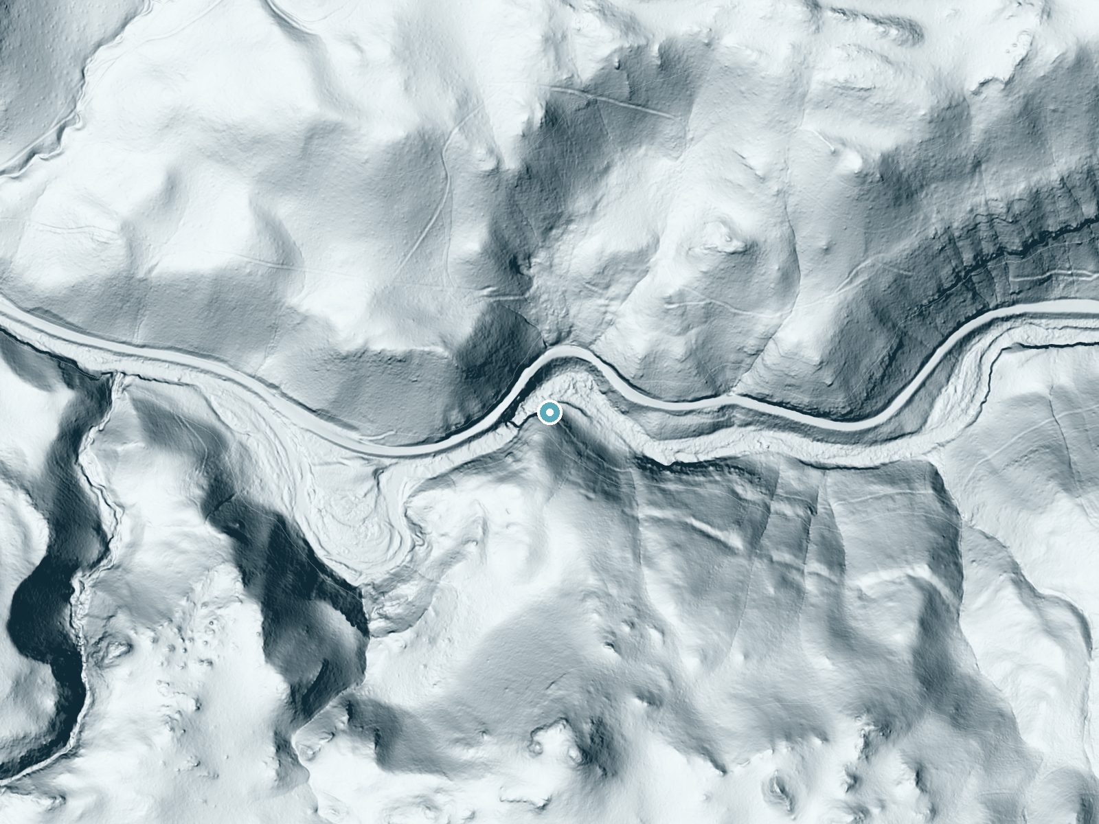 LiDAR bare-earth terrain around Deep Creek Falls near Plush, Oregon, showing about 153 feet of drop, a steep tiered drop, facing northeast