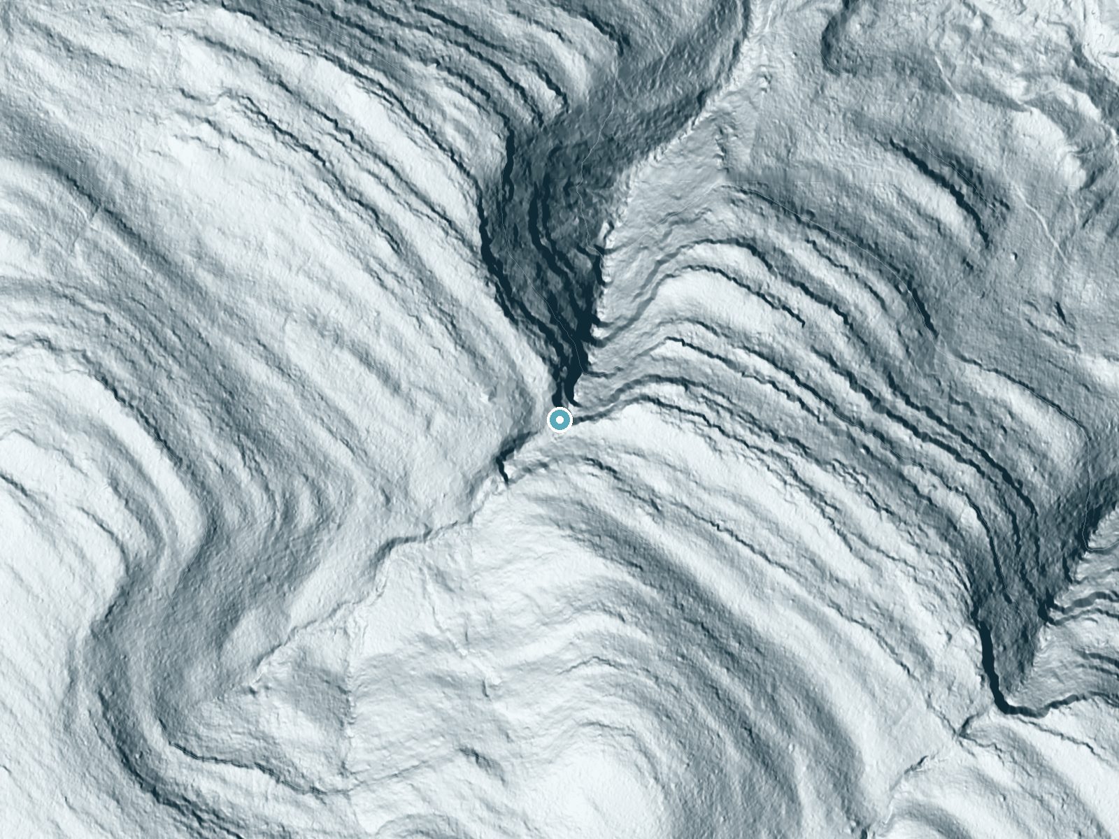 LiDAR bare-earth terrain around Buttermilk Falls near Palenville, New York, showing about 264 feet of drop, a steep tiered drop, facing northeast