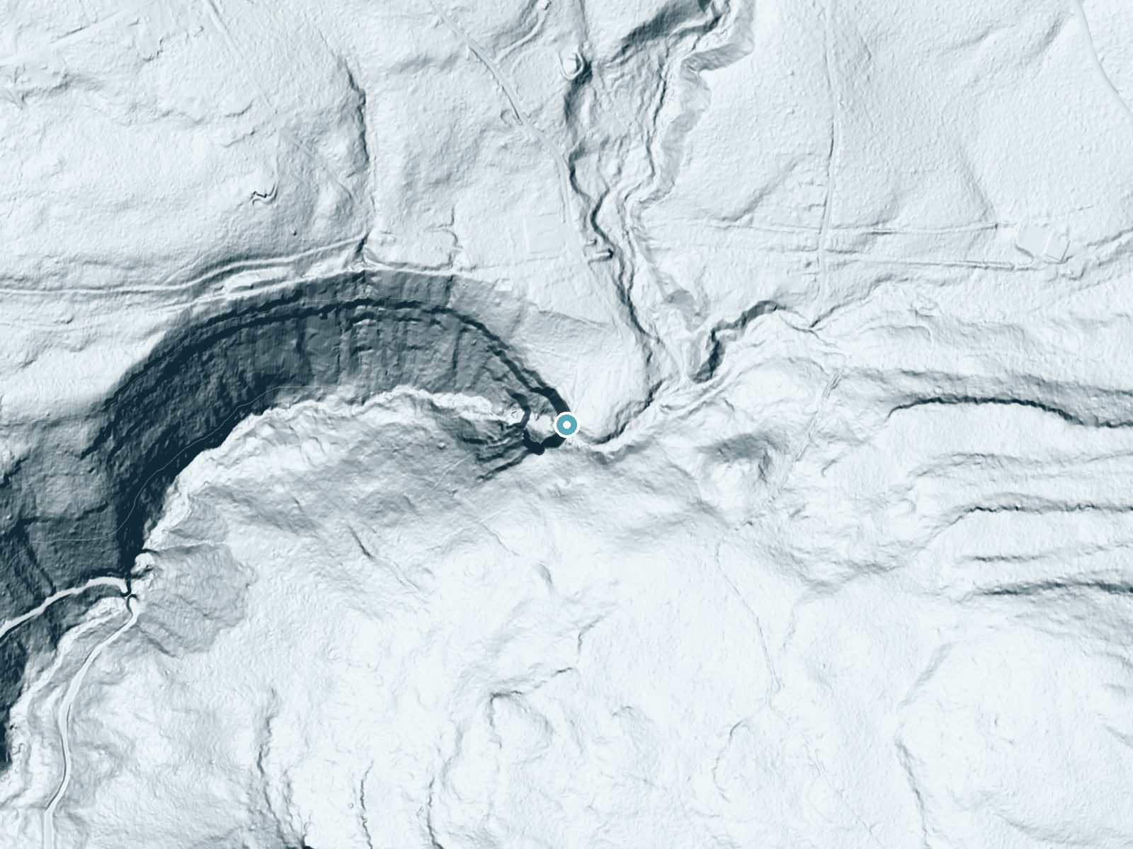 LiDAR bare-earth terrain around Kaaterskill Falls near Haines Falls, New York, showing about 296 feet of drop, a single sheer drop, facing west