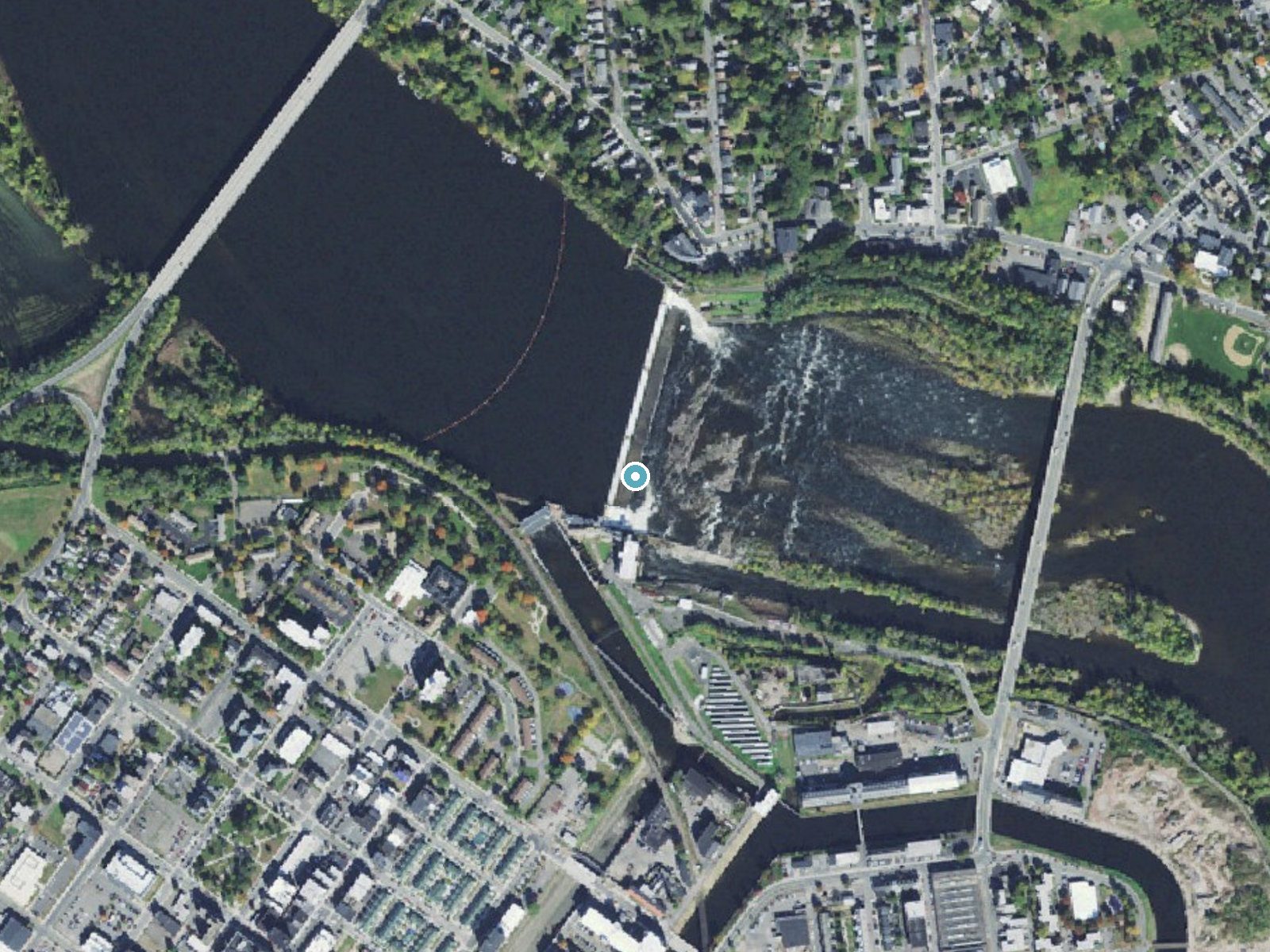 Aerial photo of the same ground around South Hadley Falls near Holyoke, Massachusetts, for comparison with the lidar view