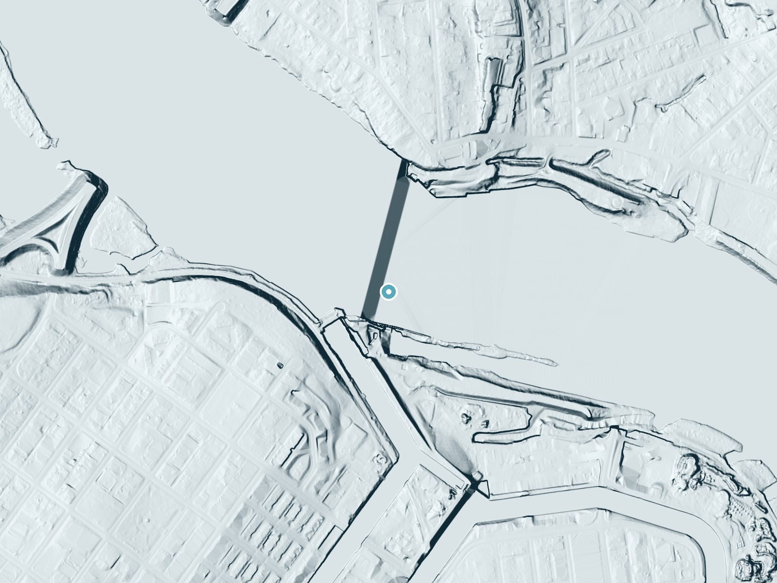 LiDAR bare-earth terrain around South Hadley Falls near Holyoke, Massachusetts, showing about 40 feet of drop, a long cascade, facing east