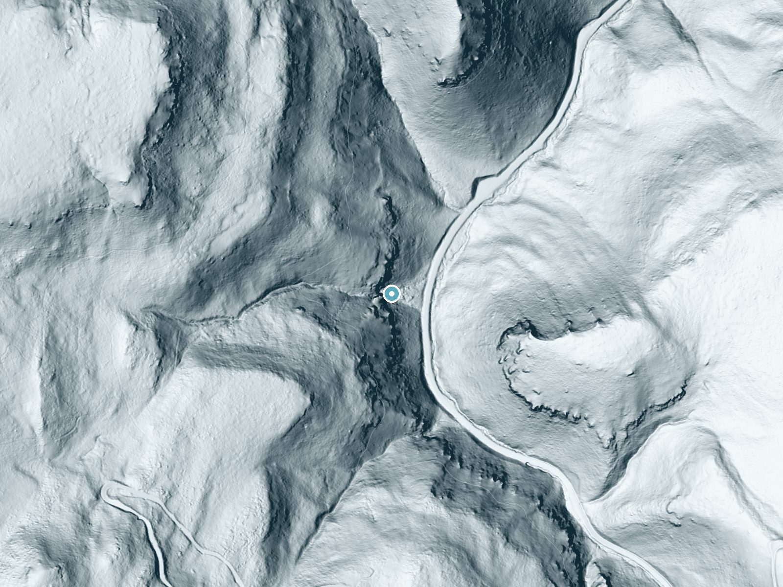 LiDAR bare-earth terrain around Ross Falls near Hansen, Idaho, showing about 220 feet of drop, a steep tiered drop, facing east
