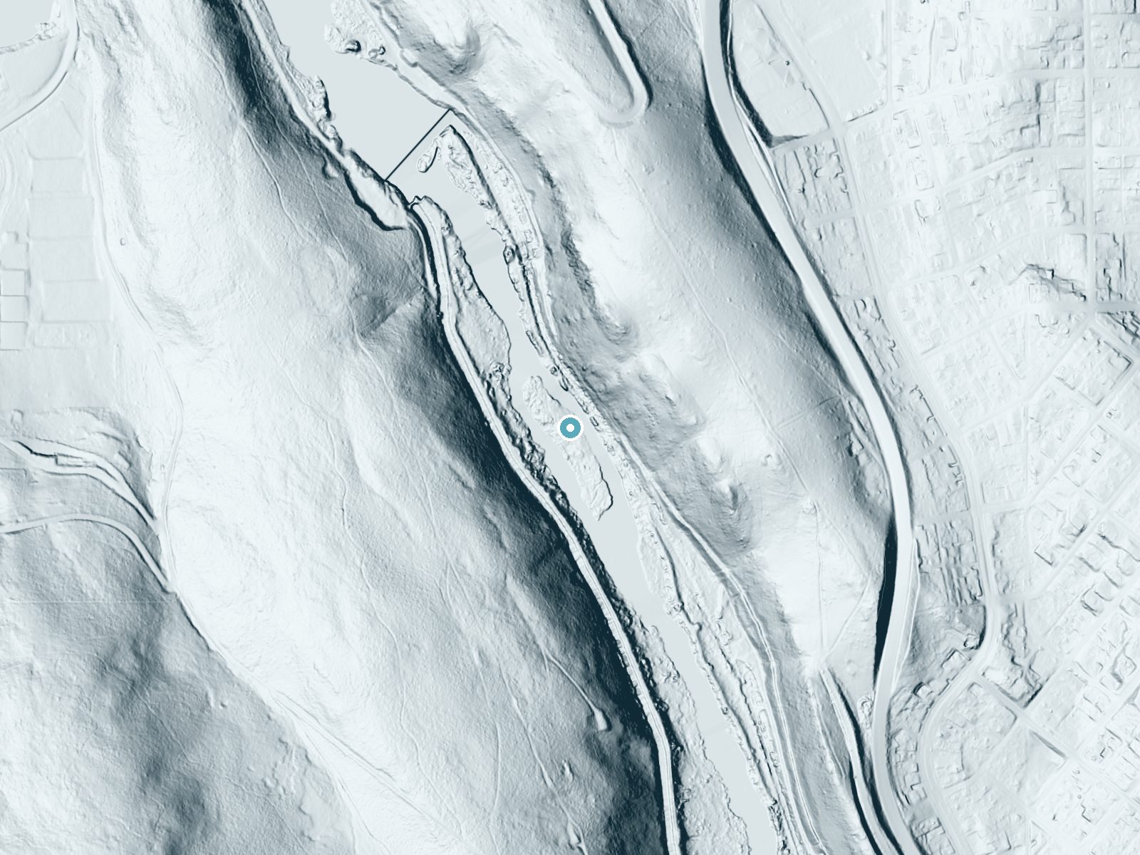 LiDAR bare-earth terrain around Klamath Falls near Klamath Falls, Oregon, showing about 92 feet of drop, a steep tiered drop, facing southwest