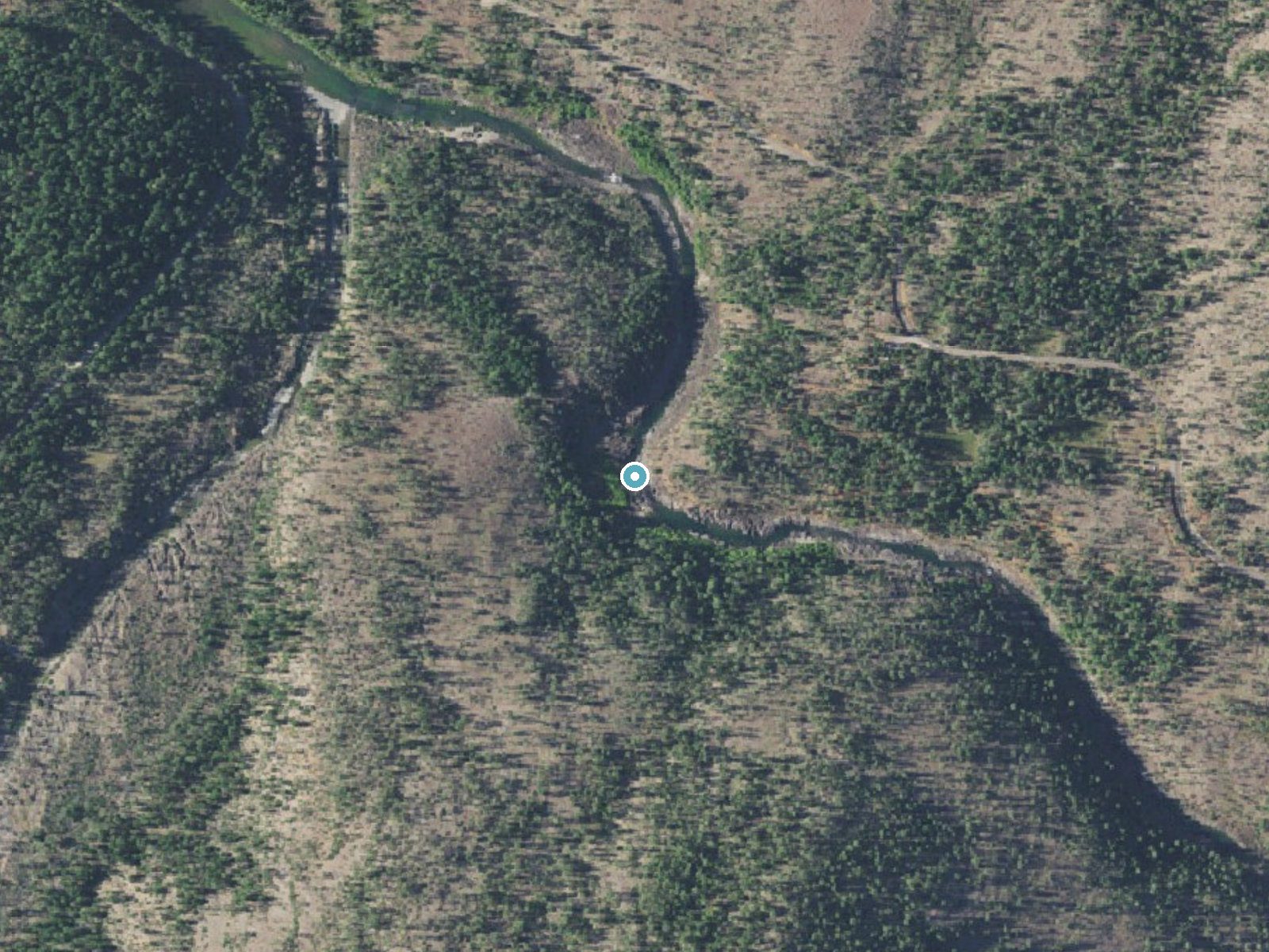 Aerial photo of the same ground around Little Illinois River Falls near Kerby, Oregon, for comparison with the lidar view