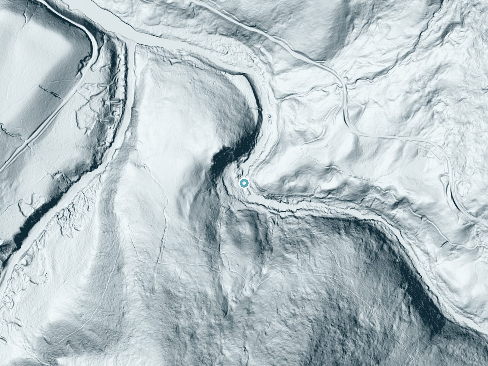 LiDAR bare-earth terrain around Little Illinois River Falls near Kerby, Oregon, showing about 86 feet of drop, a long cascade, facing west