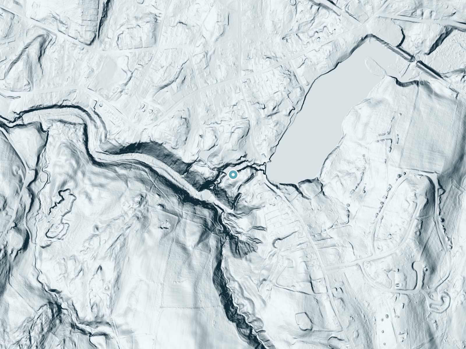 LiDAR bare-earth terrain around High Falls near Philmont, New York, showing about 107 feet of drop, a steep tiered drop, facing southwest