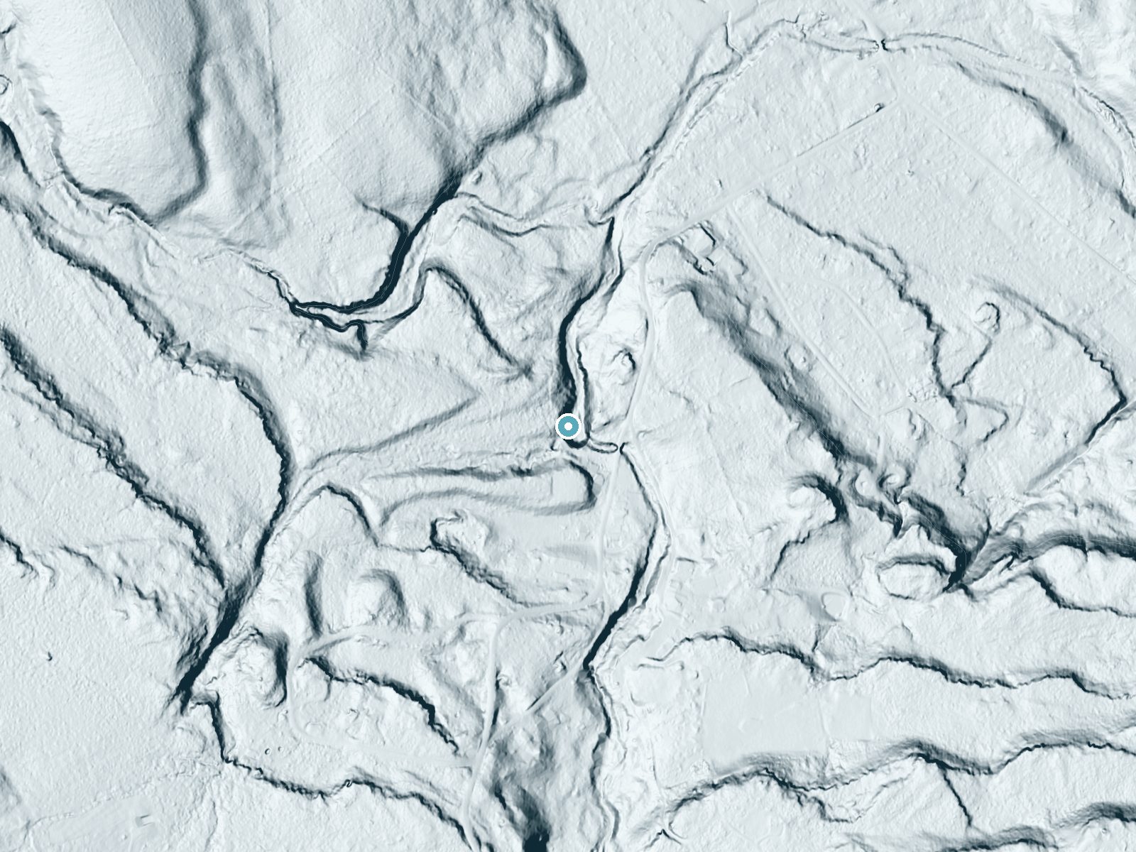 LiDAR bare-earth terrain around Glen Falls near Round Top, New York, showing about 71 feet of drop, a long cascade, facing northeast