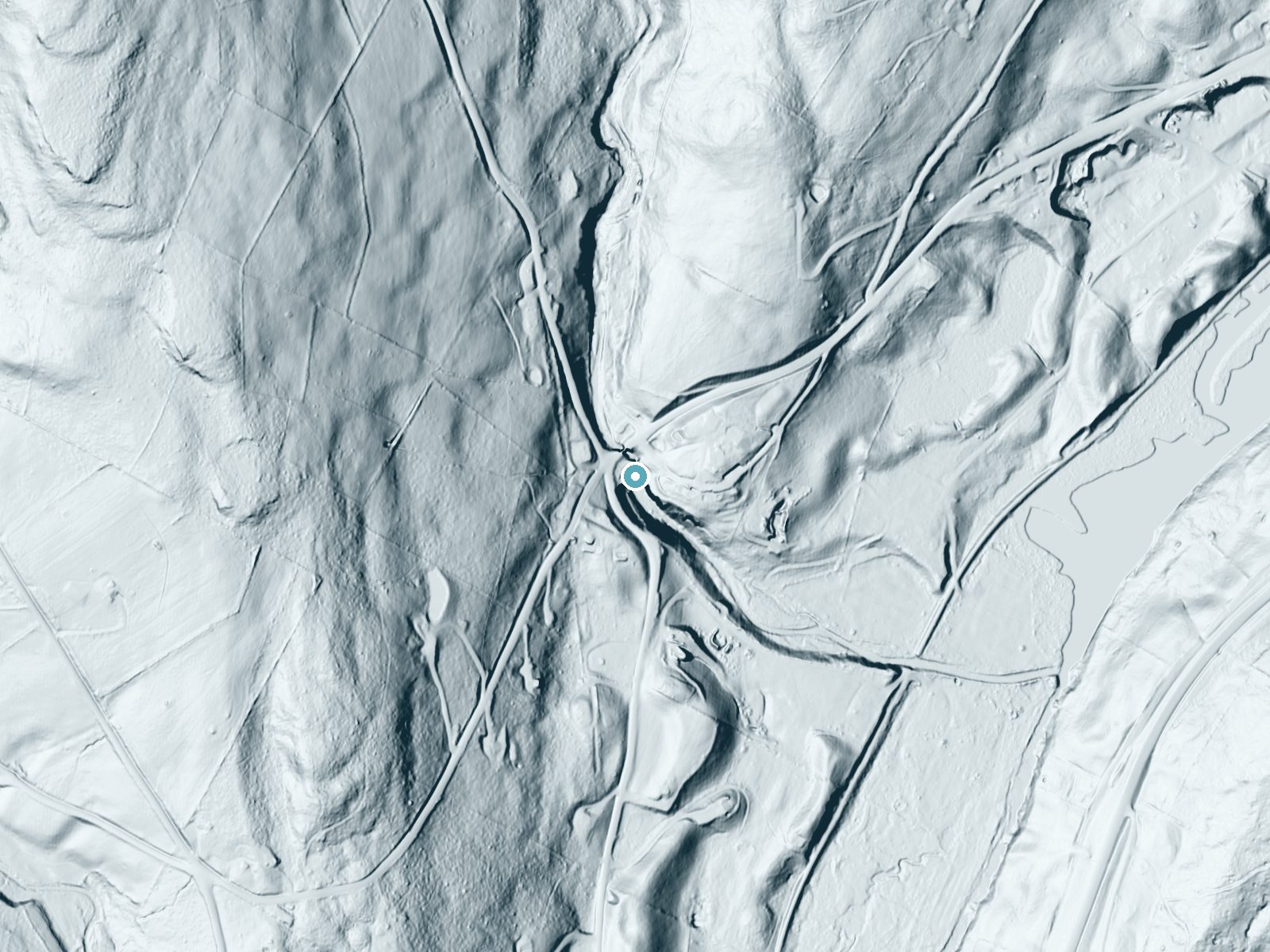 LiDAR bare-earth terrain around Straton Falls near Margaretville, New York, showing about 74 feet of drop, a long cascade, facing southeast
