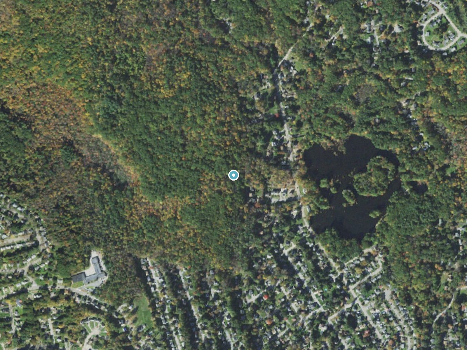 Aerial photo of the same ground around The Cascade near Worcester, Massachusetts, for comparison with the lidar view