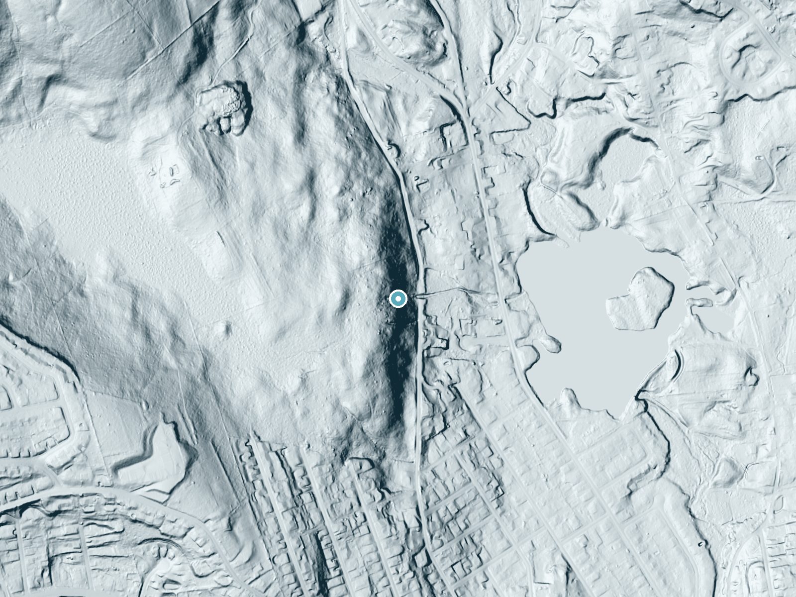 LiDAR bare-earth terrain around The Cascade near Worcester, Massachusetts, showing about 124 feet of drop, a steep tiered drop, facing east