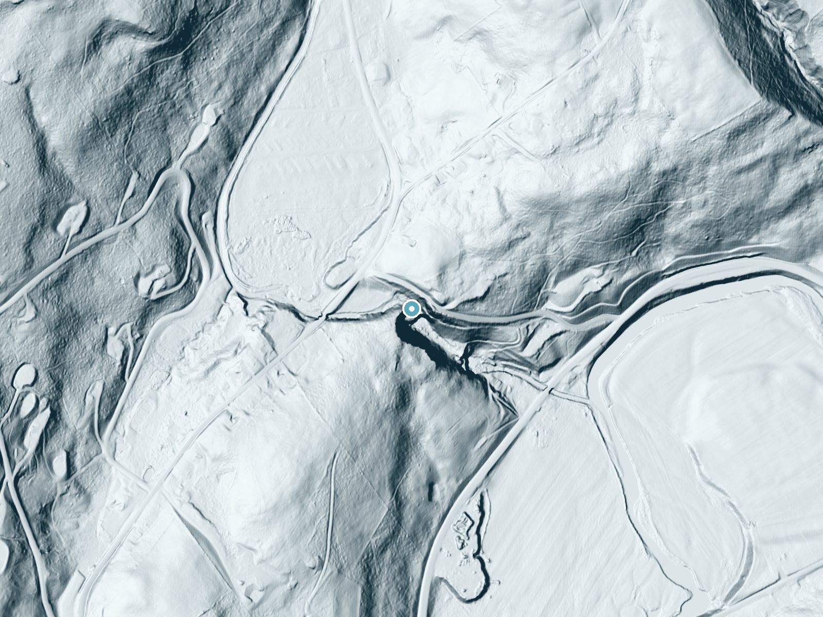 LiDAR bare-earth terrain around Watauga Falls near Bloomville, New York, showing about 158 feet of drop, a steep tiered drop, facing south