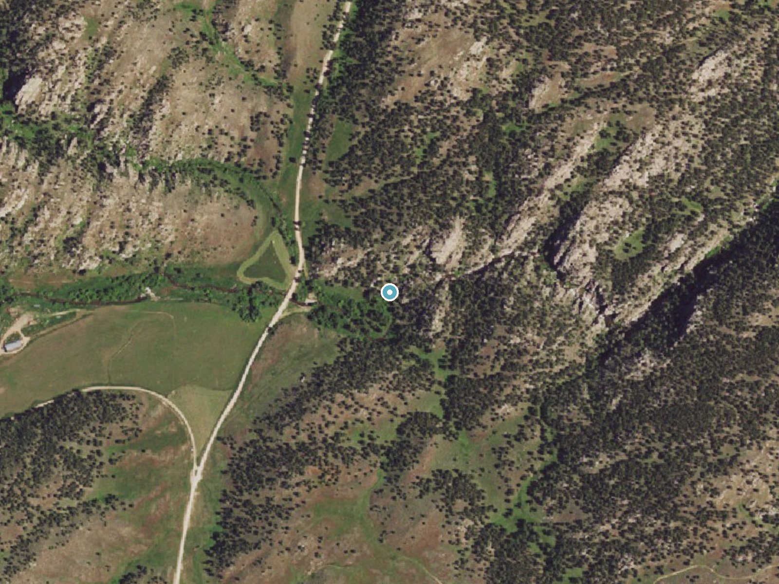 Aerial photo of the same ground around Cottonwood Falls near El Rancho, Wyoming, for comparison with the lidar view
