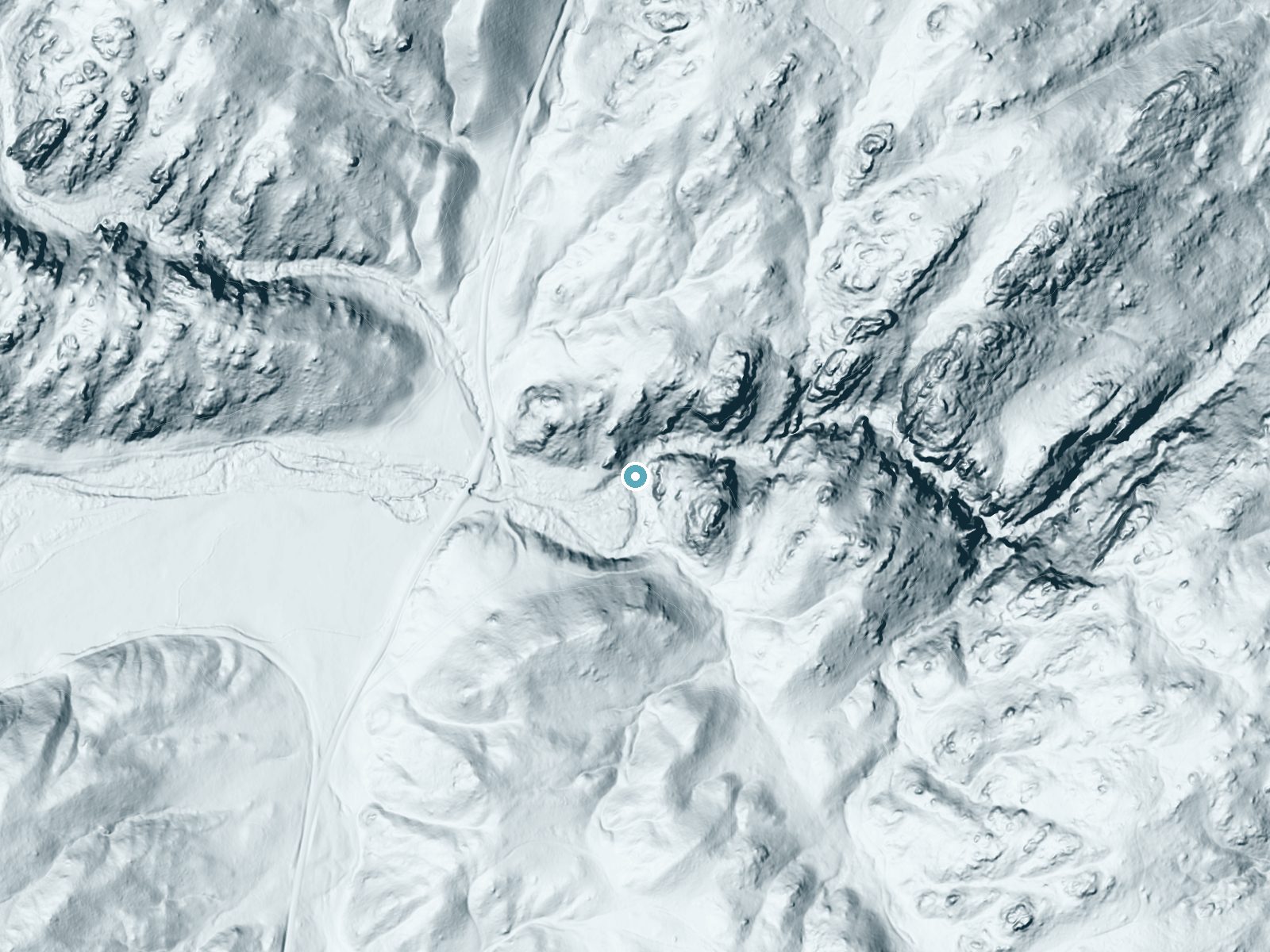 LiDAR bare-earth terrain around Cottonwood Falls near El Rancho, Wyoming, showing about 99 feet of drop, a steep tiered drop, facing south