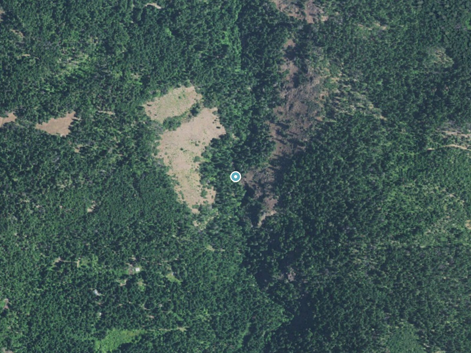 Aerial view of the ground around Marjorie Falls near Butte Falls, Oregon