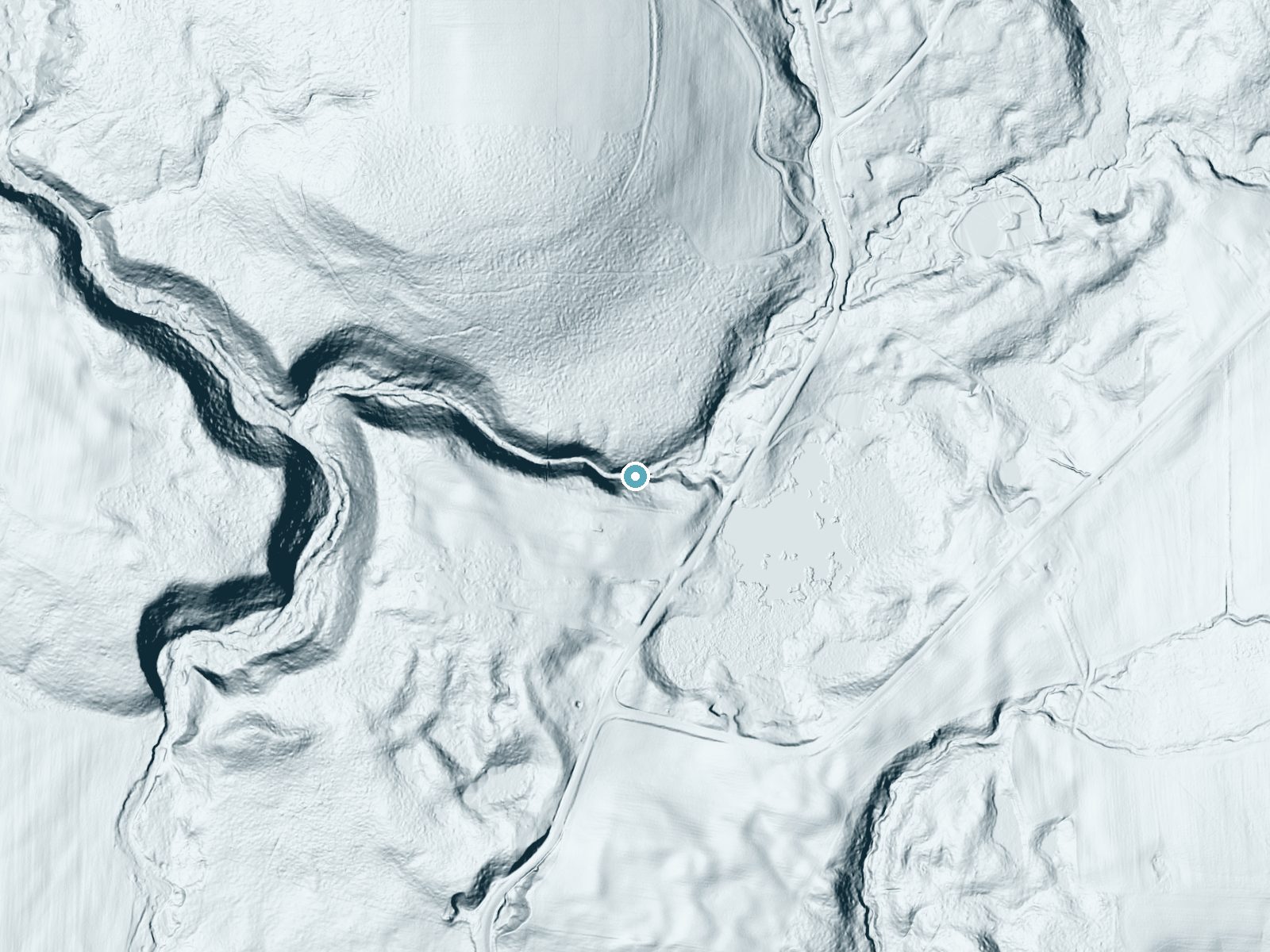 LiDAR bare-earth terrain around Stoney Pitcher Falls near Cattaraugus, New York, showing about 81 feet of drop