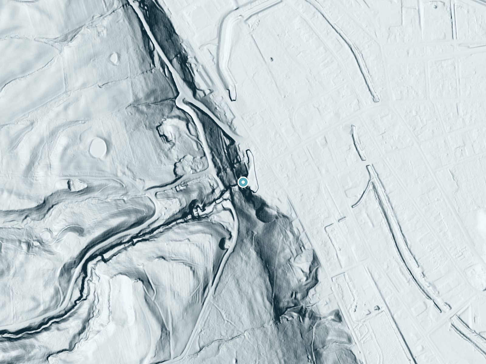 LiDAR bare-earth terrain around Shequaga Falls near Montour Falls, New York, showing about 196 feet of drop, a steep tiered drop, facing northeast