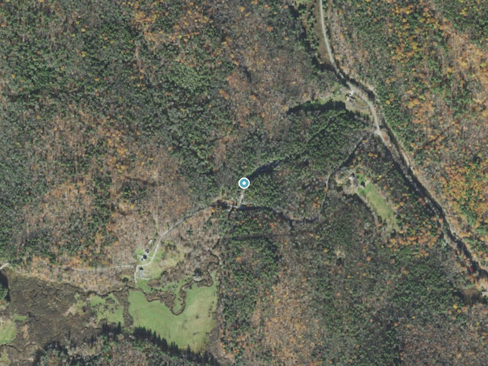 Aerial photo of the same ground around Glendale Falls near Lenox Dale, Massachusetts, for comparison with the lidar view