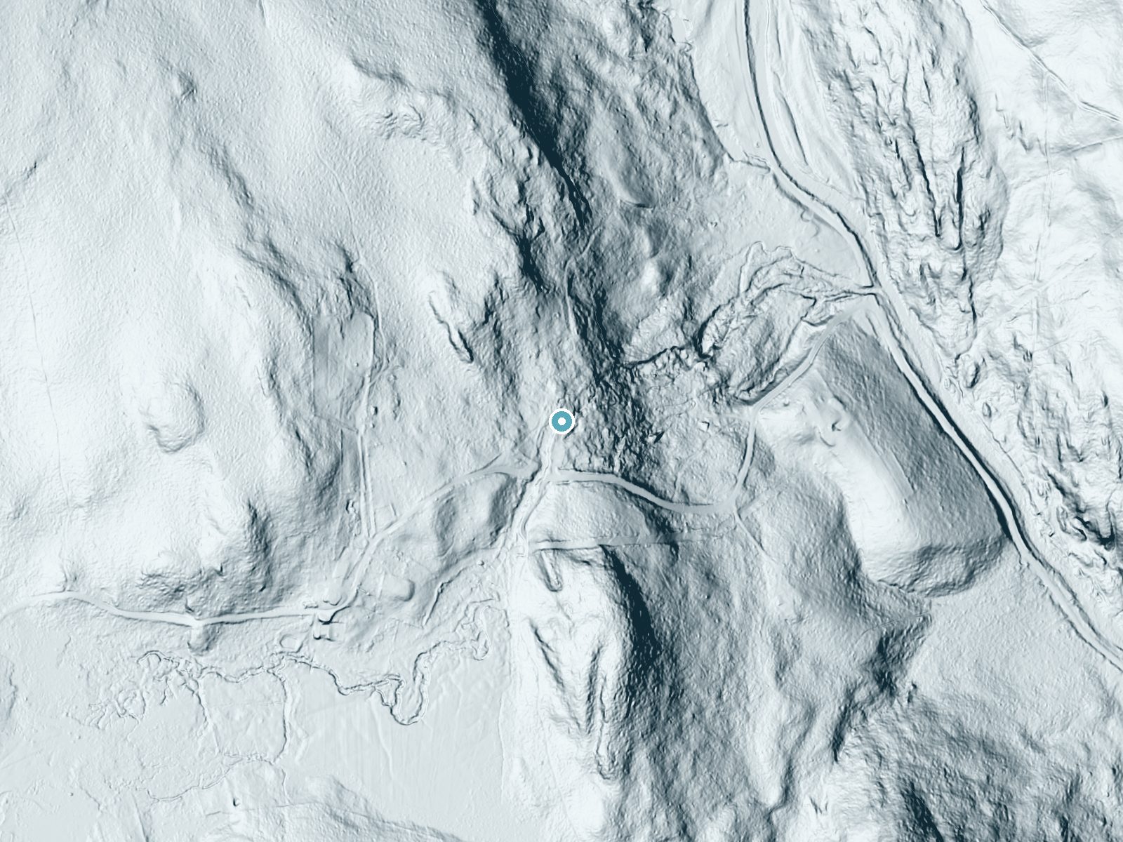 LiDAR bare-earth terrain around Glendale Falls near Lenox Dale, Massachusetts, showing about 80 feet of drop, a long cascade, facing northeast