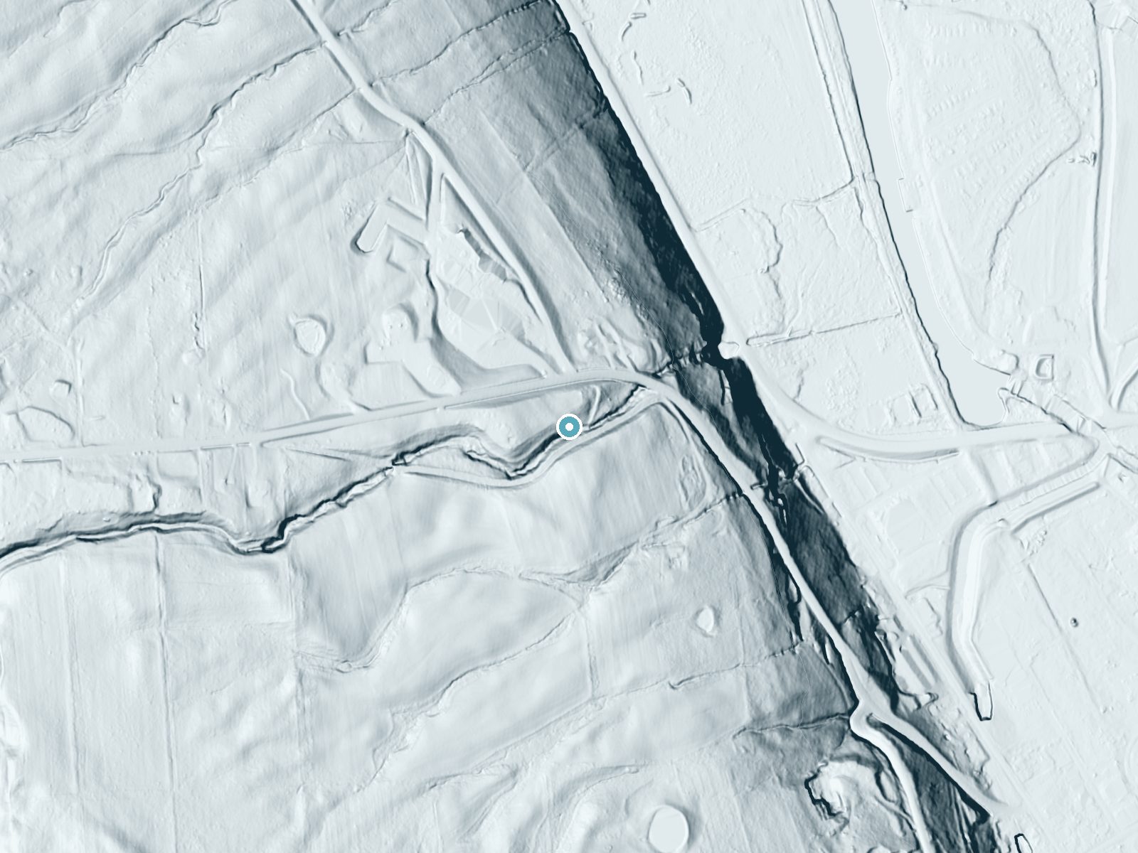 LiDAR bare-earth terrain around Aunt Sarahs Falls near Montour Falls, New York, showing about 80 feet of drop, a long cascade, facing northeast