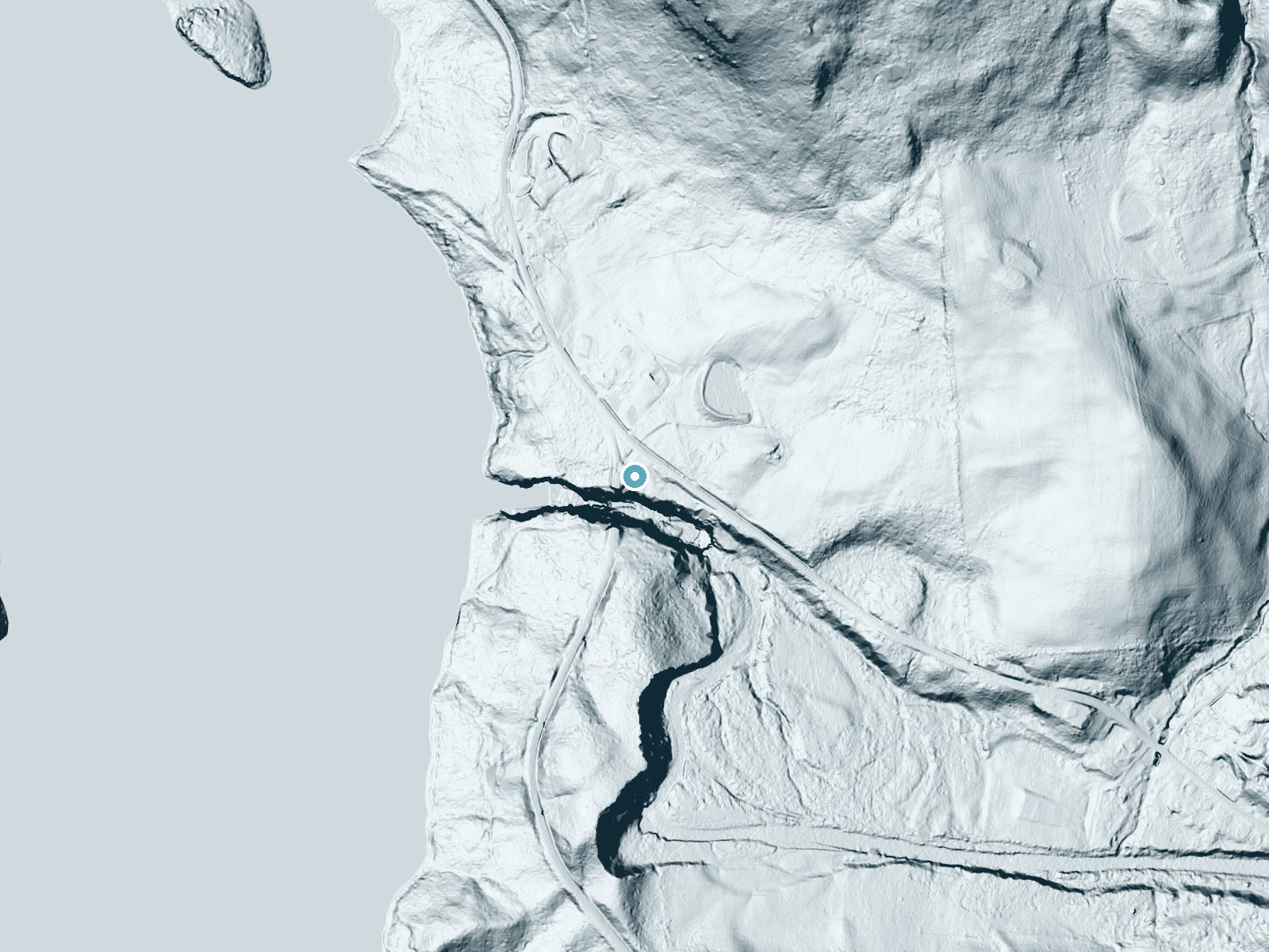 LiDAR bare-earth terrain around Manorkill Falls near North Blenheim, New York, showing about 129 feet of drop, a steep tiered drop, facing southwest