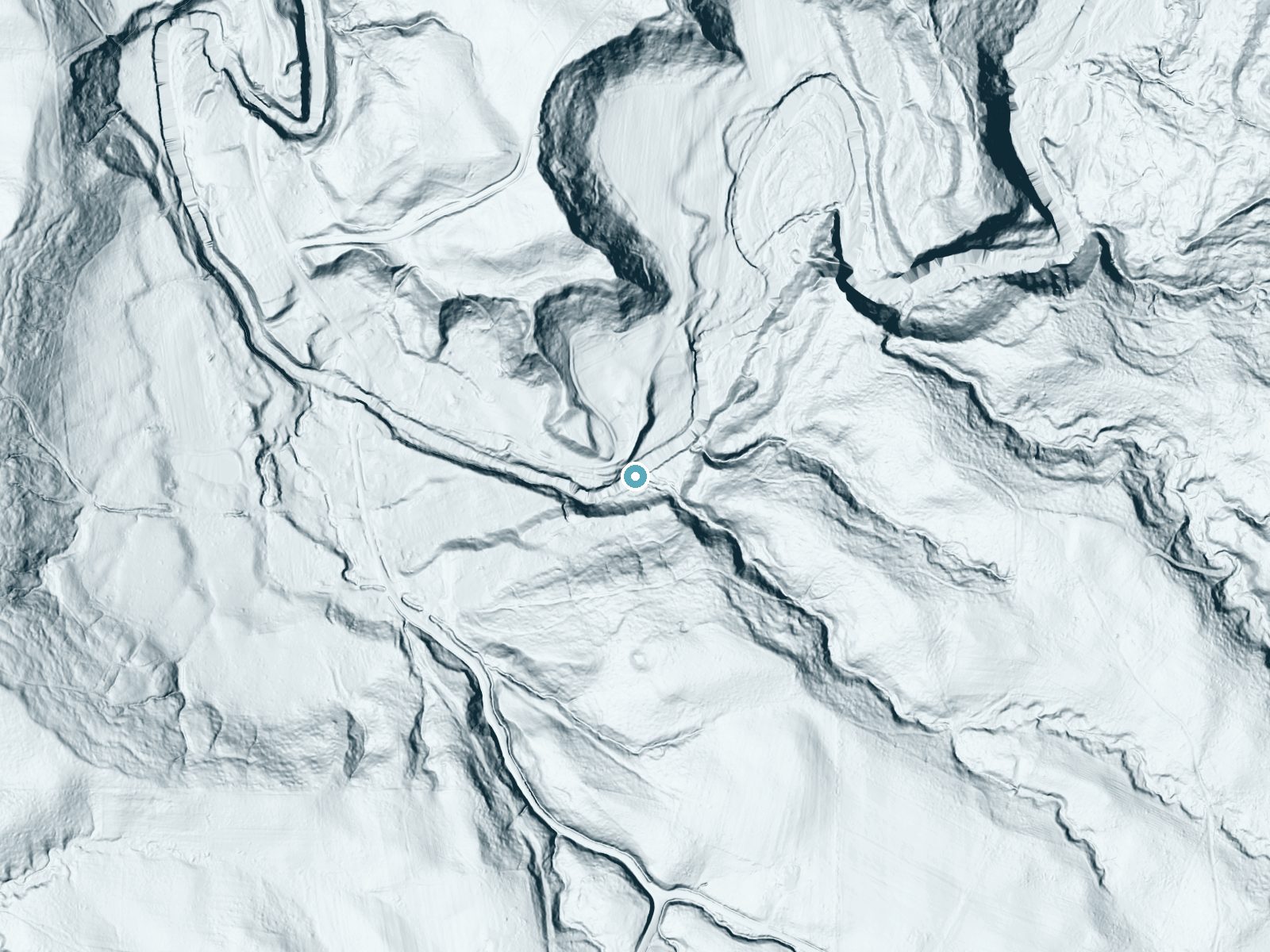 LiDAR bare-earth terrain around Shumla Falls near Cassadaga, New York, showing about 89 feet of drop, a steep tiered drop, facing northwest