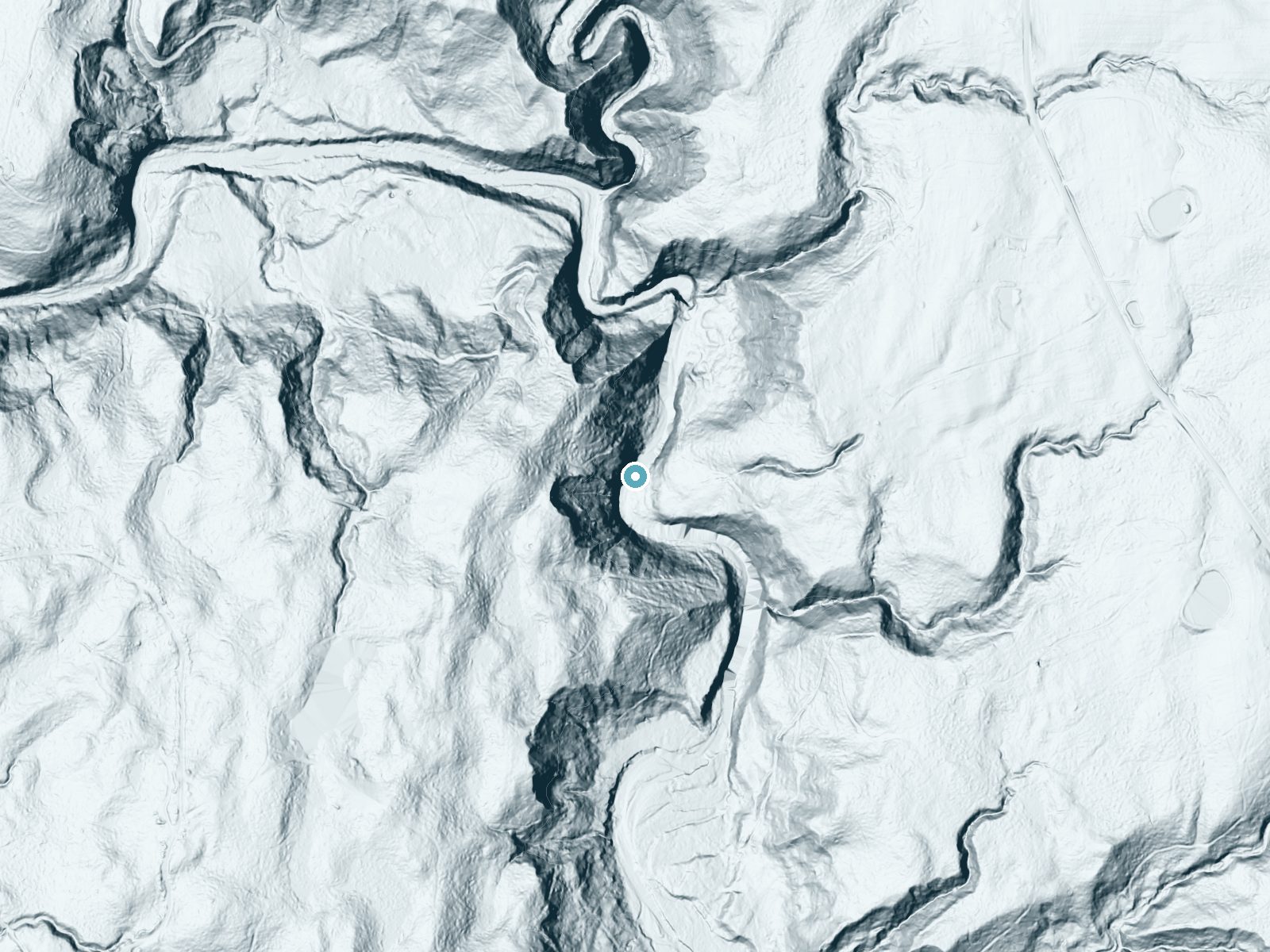 LiDAR bare-earth terrain around Arkwright Falls near Cassadaga, New York, showing about 149 feet of drop, a steep tiered drop, facing east