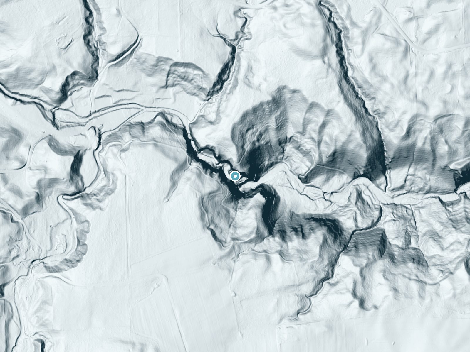 LiDAR bare-earth terrain around Lucifer Falls near South Hill, New York, showing about 300 feet of drop, a steep tiered drop, facing southeast