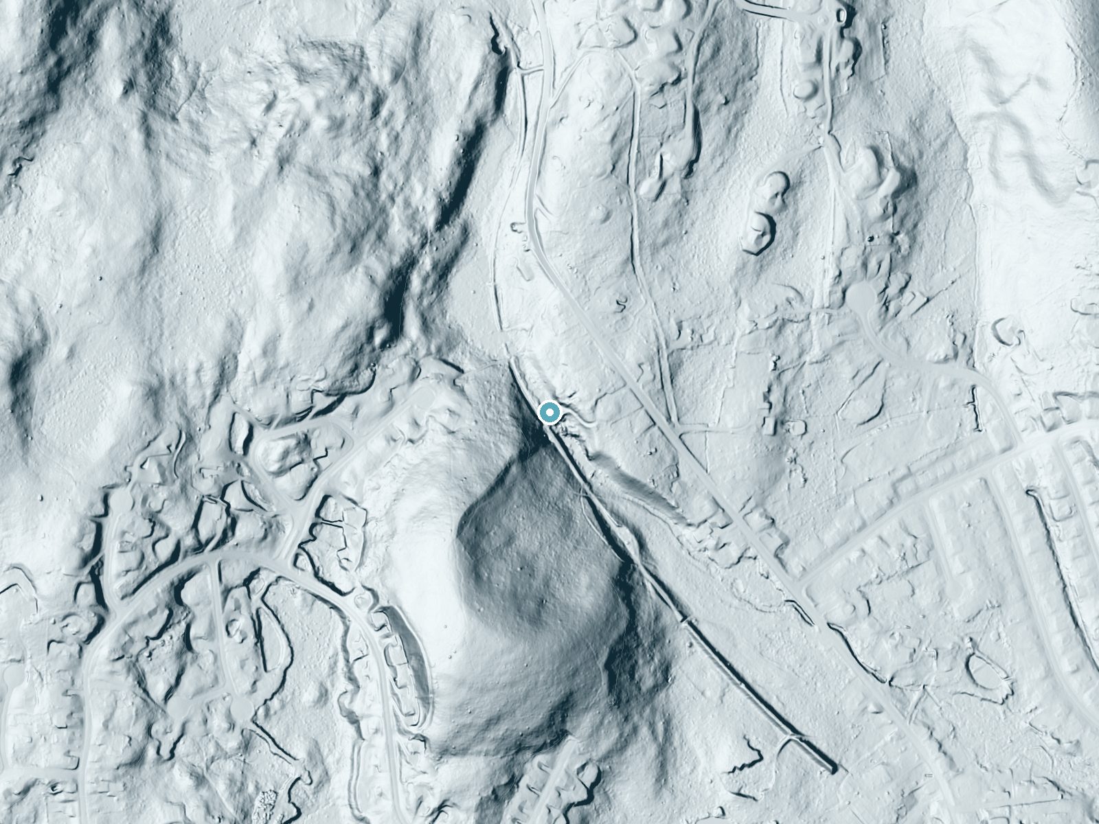 LiDAR bare-earth terrain around Danforth Falls near Marlborough, Massachusetts, showing about 77 feet of drop, a long cascade, facing east