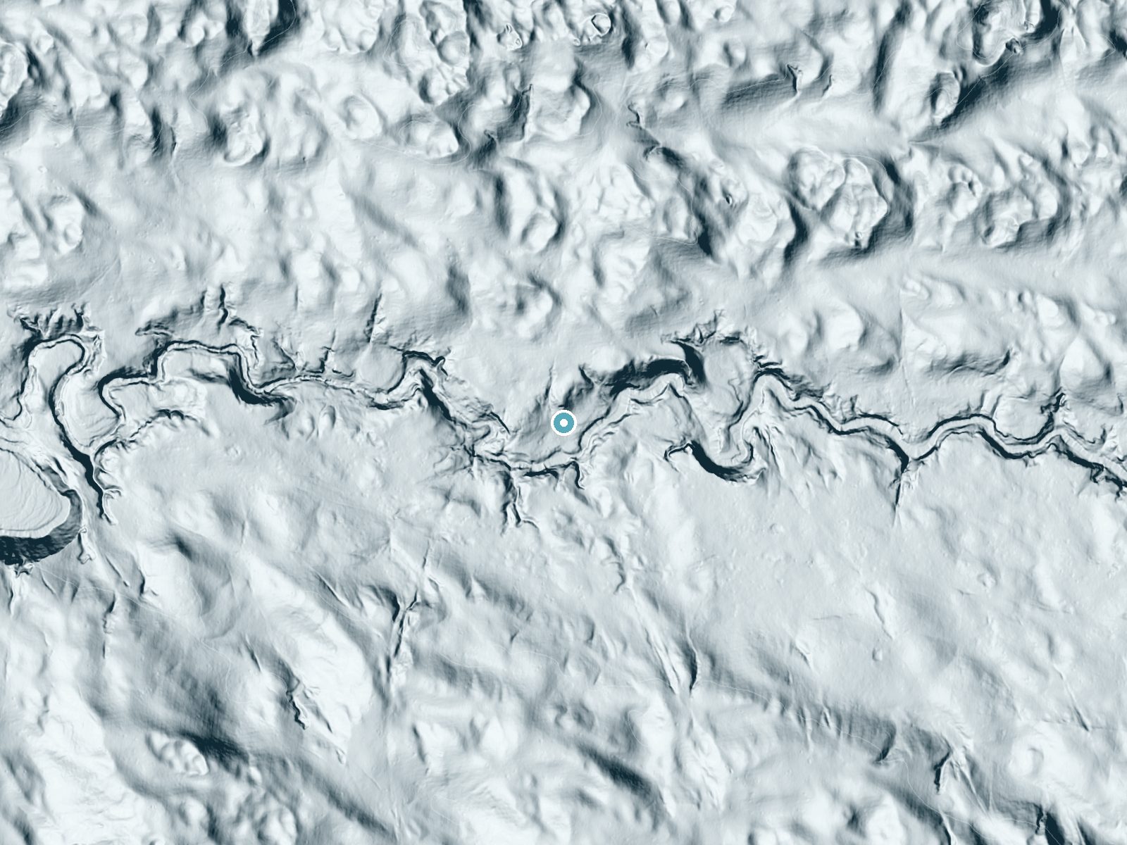 LiDAR bare-earth terrain around Horseshoe Falls near Mullen, Nebraska, showing about 48 feet of drop, a long cascade, facing southeast