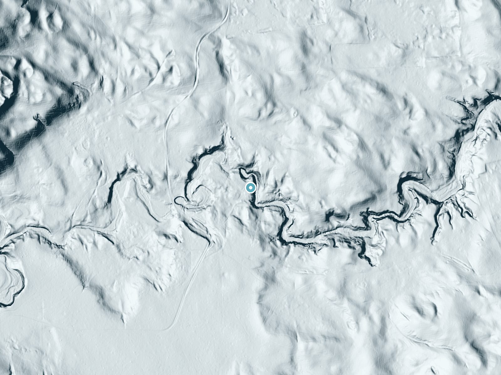LiDAR bare-earth terrain around Big Falls near Mullen, Nebraska, showing about 47 feet of drop, a long cascade, facing south