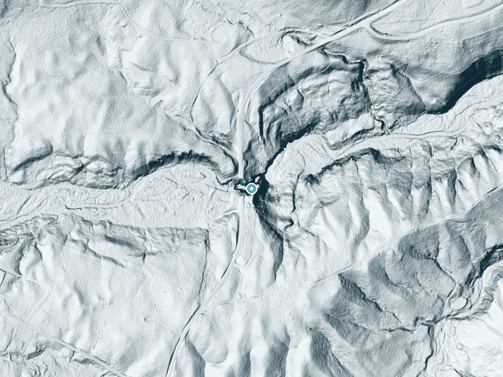 LiDAR bare-earth terrain around Mine Kill Falls near North Blenheim, New York, showing about 169 feet of drop, a single sheer drop, facing east