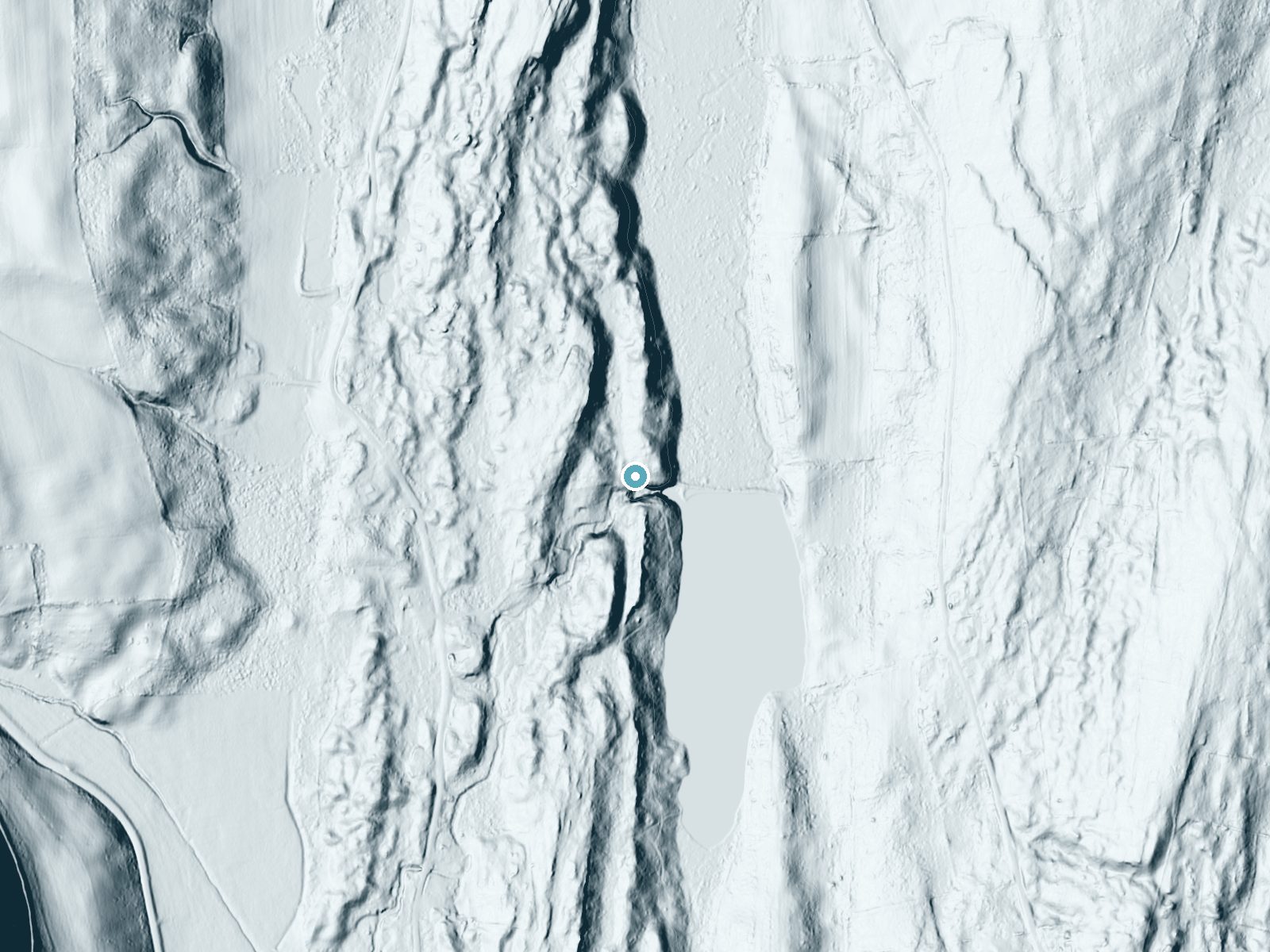 LiDAR bare-earth terrain around Meadow Falls near New Baltimore, New York, showing about 66 feet of drop, a long cascade, facing east