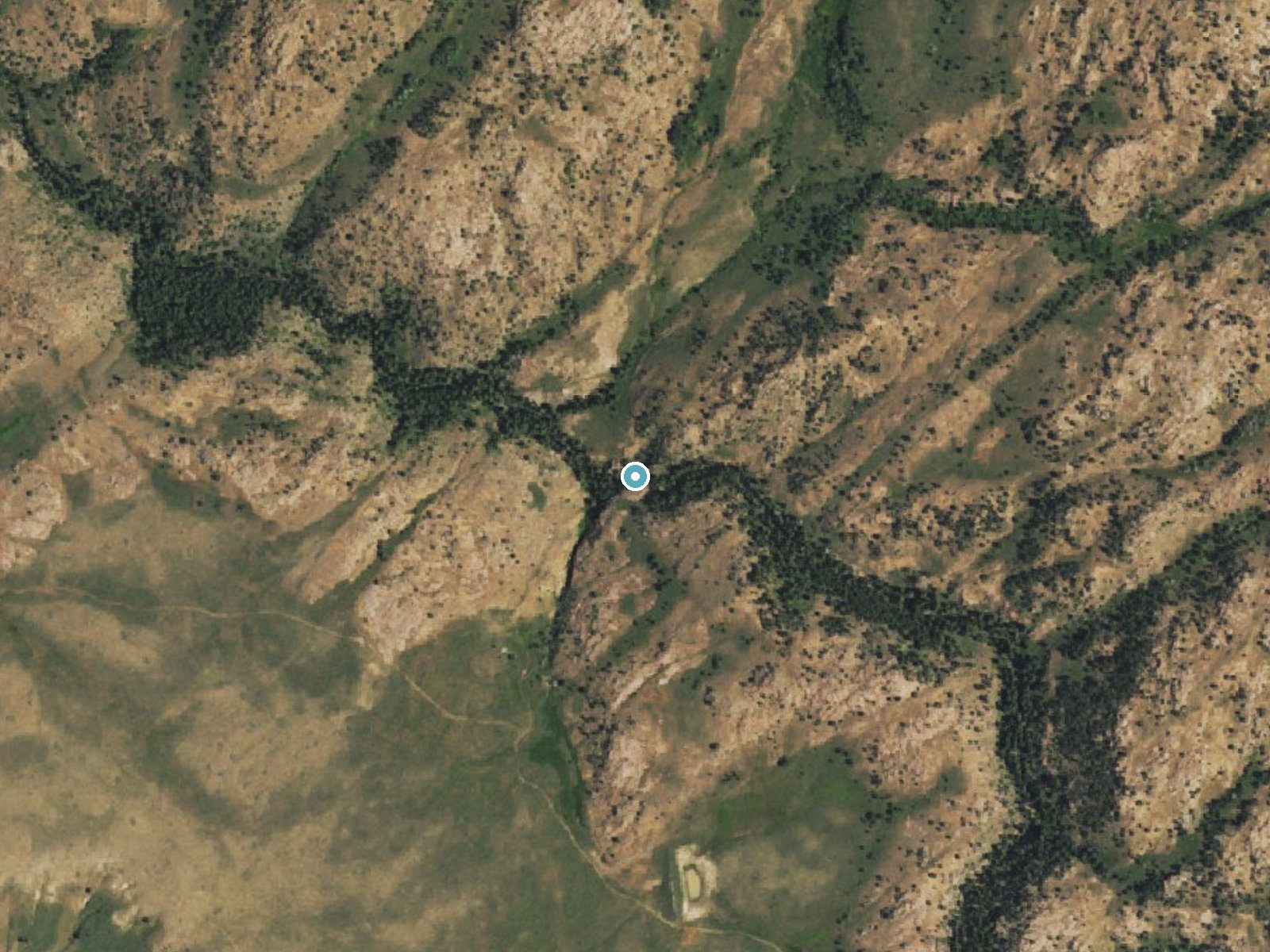 Aerial photo of the same ground around Little Medicine Falls near Meadow Acres, Wyoming, for comparison with the lidar view