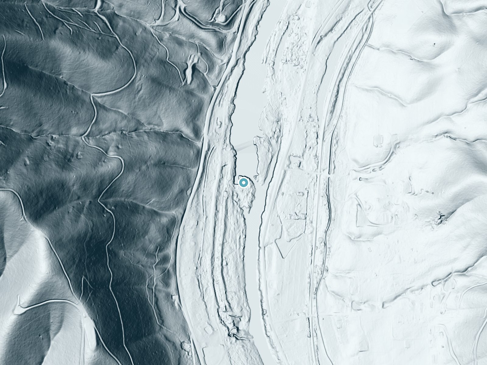 LiDAR bare-earth terrain around Ti'lomikh Falls near Gold Hill, Oregon, showing about 25 feet of drop, a long cascade, facing east