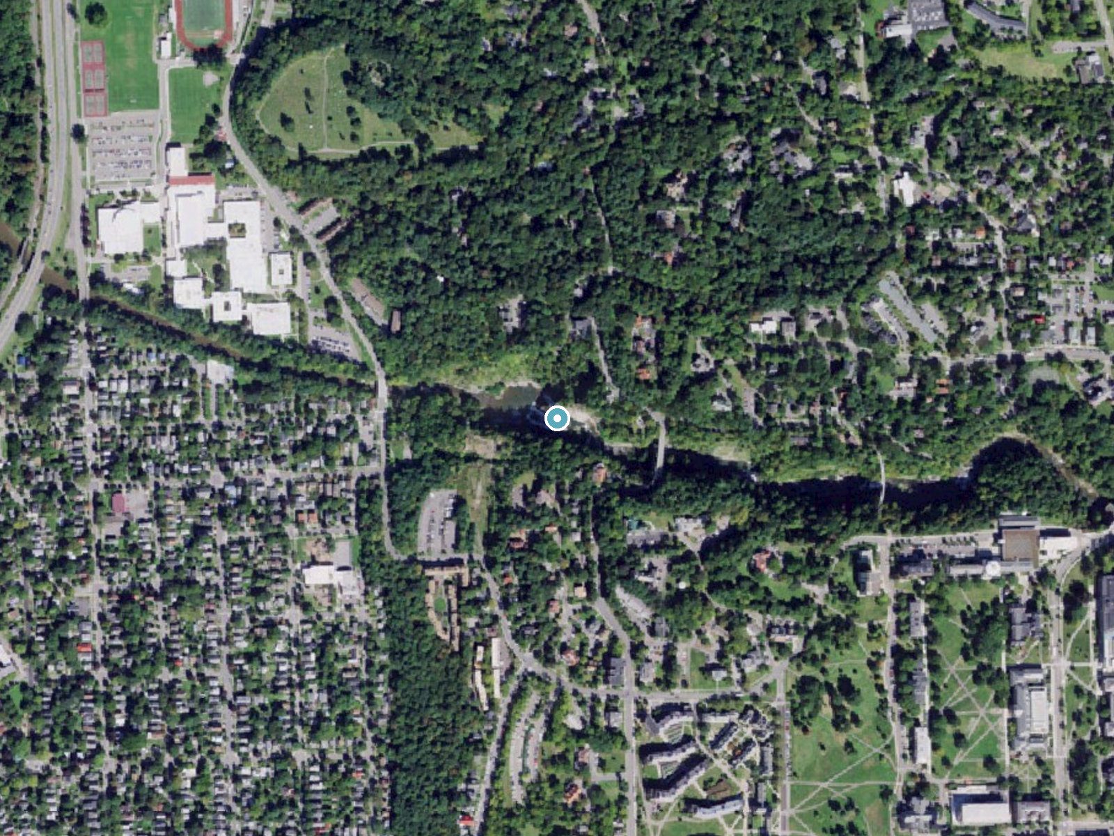 Aerial photo of the same ground around Ithaca Falls near Cayuga Heights, New York, for comparison with the lidar view