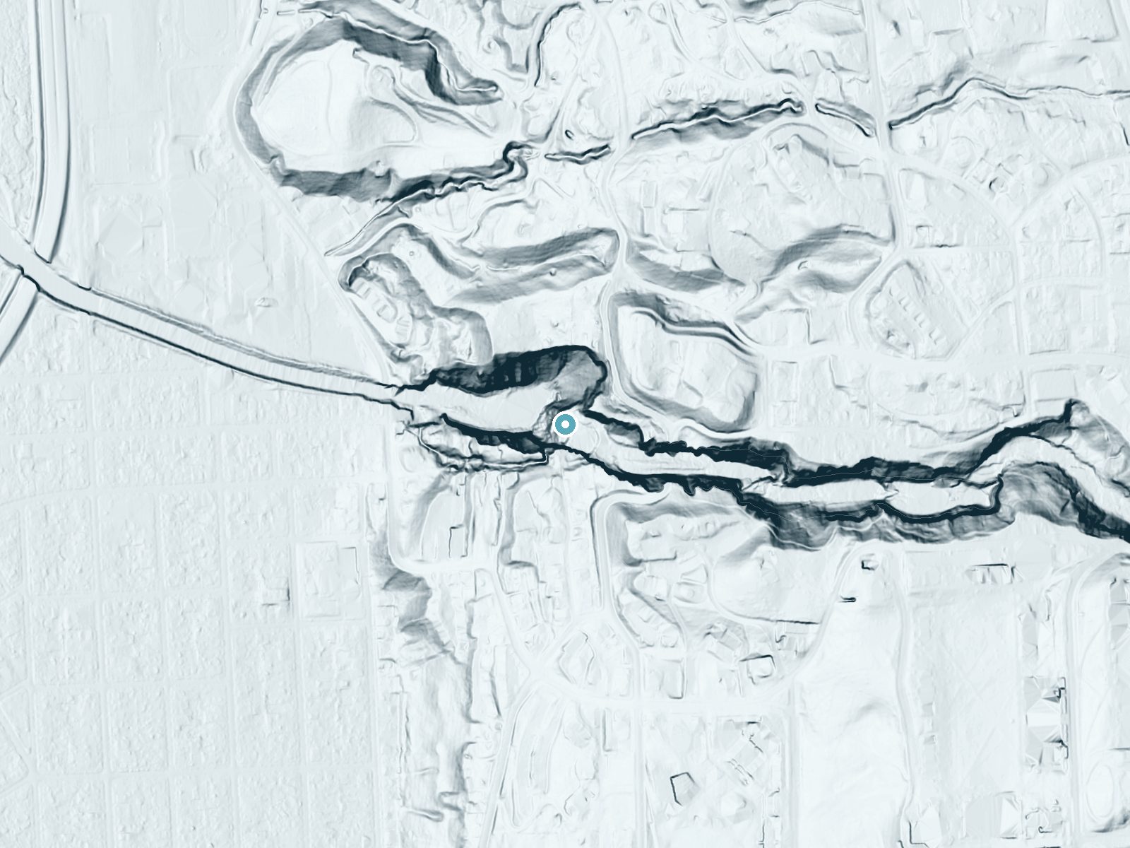 LiDAR bare-earth terrain around Ithaca Falls near Cayuga Heights, New York, showing about 267 feet of drop, a steep tiered drop, facing northwest