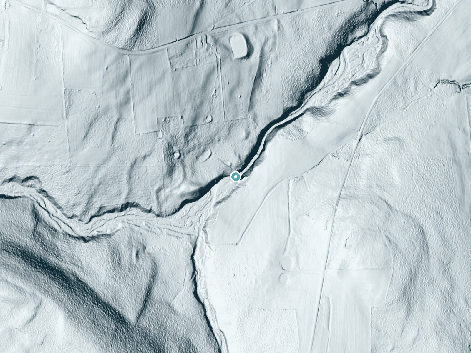 LiDAR bare-earth terrain around White Store Falls near Gilbertsville, New York, showing about 83 feet of drop, a steep tiered drop, facing northeast