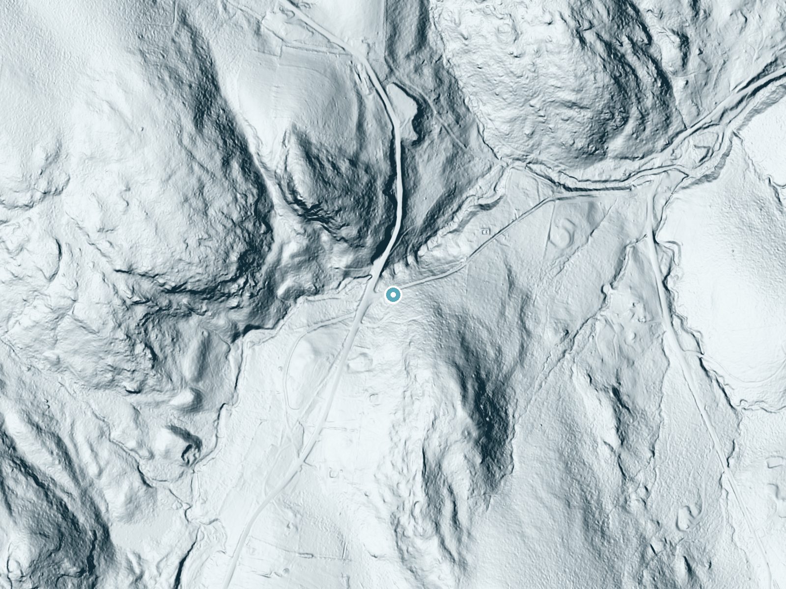 LiDAR bare-earth terrain around Chapel Falls near Shelburne Falls, Massachusetts, showing about 128 feet of drop, a long cascade, facing north