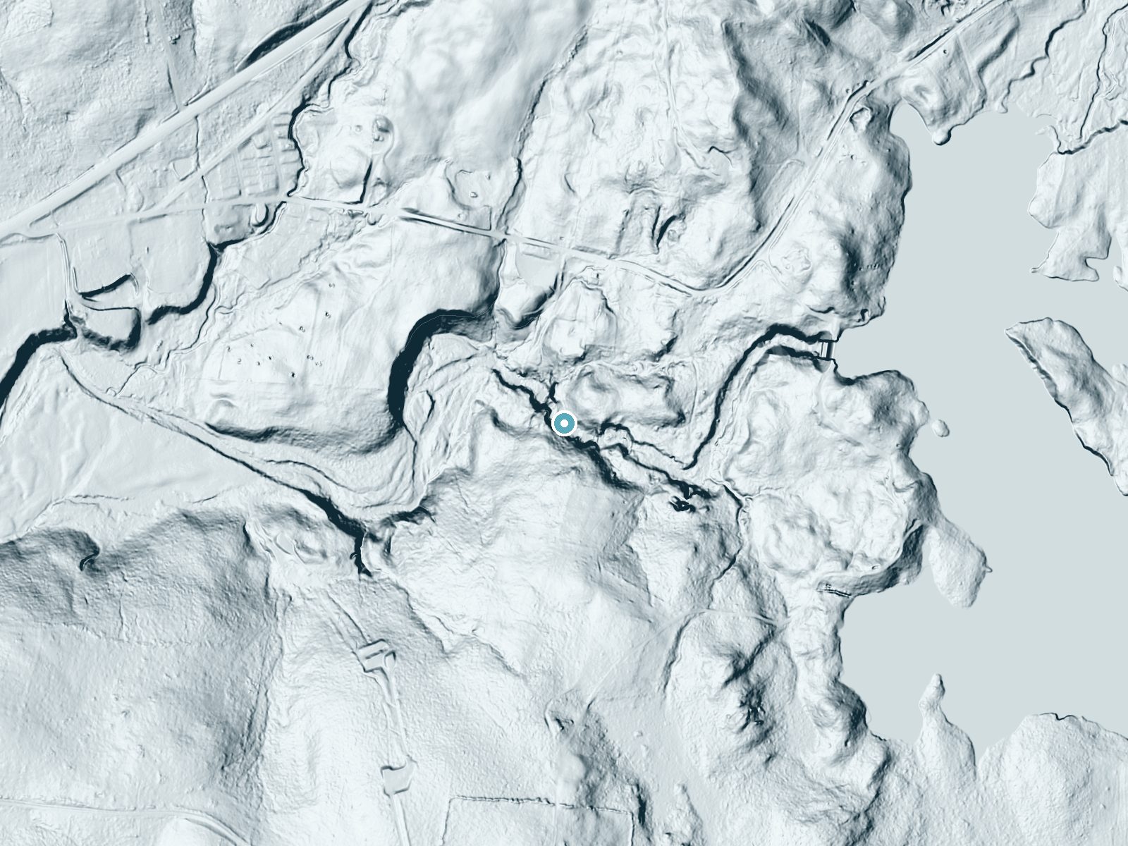 LiDAR bare-earth terrain around Wahconah Falls near Pittsfield, Massachusetts, showing about 128 feet of drop, a steep tiered drop, facing northwest