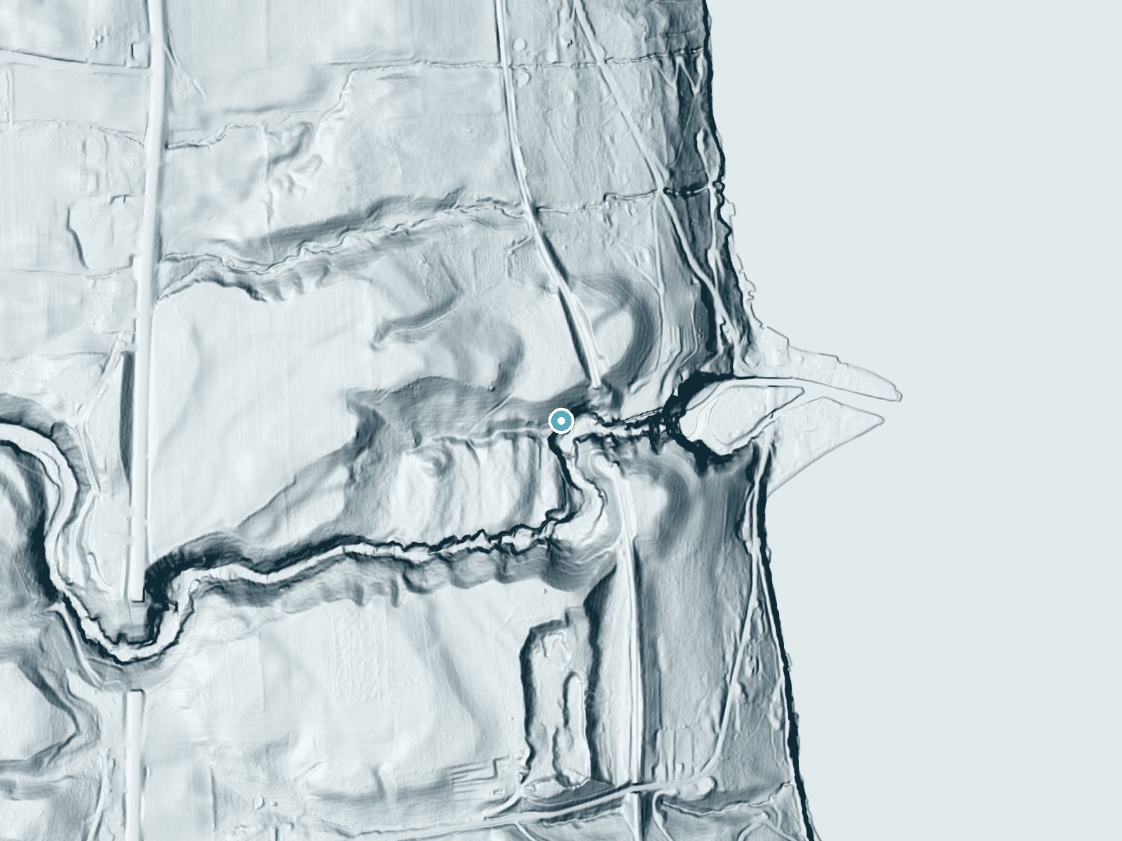 LiDAR bare-earth terrain around Glenora Falls near Dundee, New York, showing about 145 feet of drop, a steep tiered drop, facing southeast
