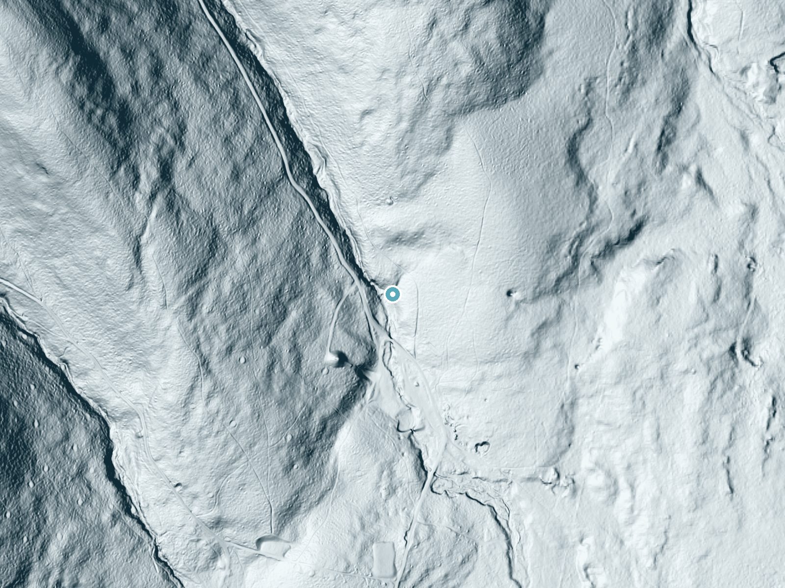 LiDAR bare-earth terrain around Lulu Cascade near Pittsfield, Massachusetts, showing about 73 feet of drop, a long cascade, facing south