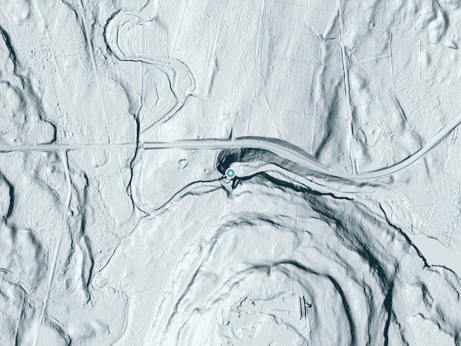 LiDAR bare-earth terrain around Dickinson Falls near Ravena, New York, showing about 101 feet of drop, a steep tiered drop, facing east