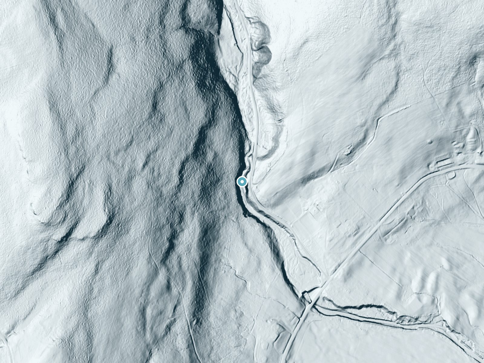 LiDAR bare-earth terrain around Saint Marys Falls near Gilbertsville, New York, showing about 91 feet of drop, a steep tiered drop, facing southeast