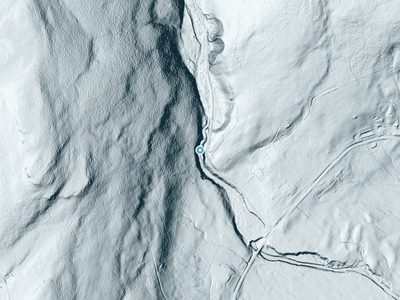 LiDAR terrain view around Saint Marys Falls in New York, about 91 feet of drop