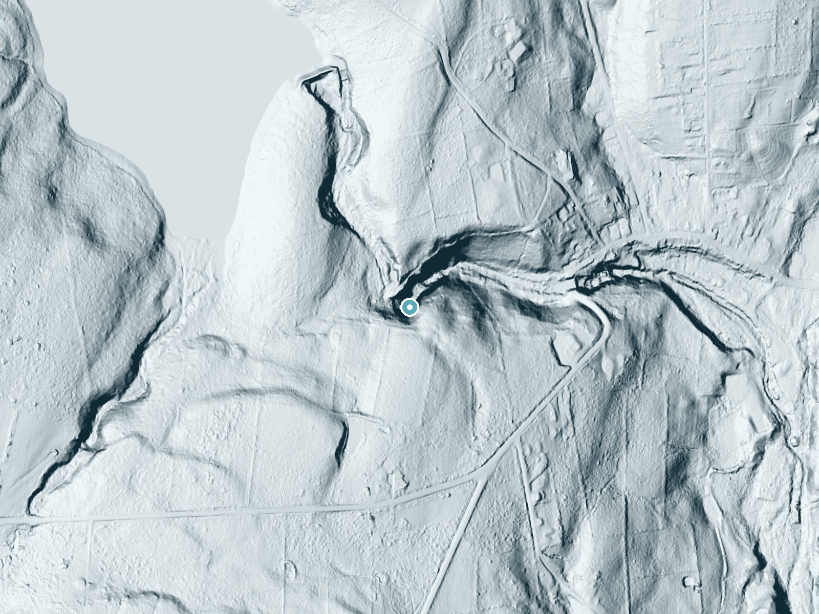 LiDAR bare-earth terrain around Rensselaerville Falls near Preston-Potter Hollow, New York, showing about 154 feet of drop, a steep tiered drop, facing north