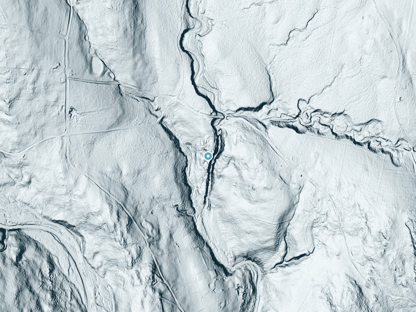 LiDAR bare-earth terrain around Windsor Jambs near North Adams, Massachusetts, showing about 124 feet of drop, a steep tiered drop, facing southwest
