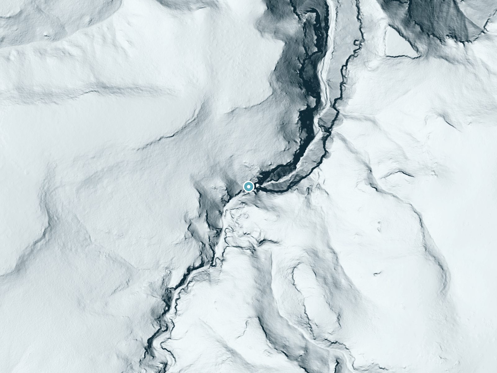 LiDAR bare-earth terrain around The Falls near Grand View, Idaho, showing about 186 feet of drop, a steep tiered drop, facing east