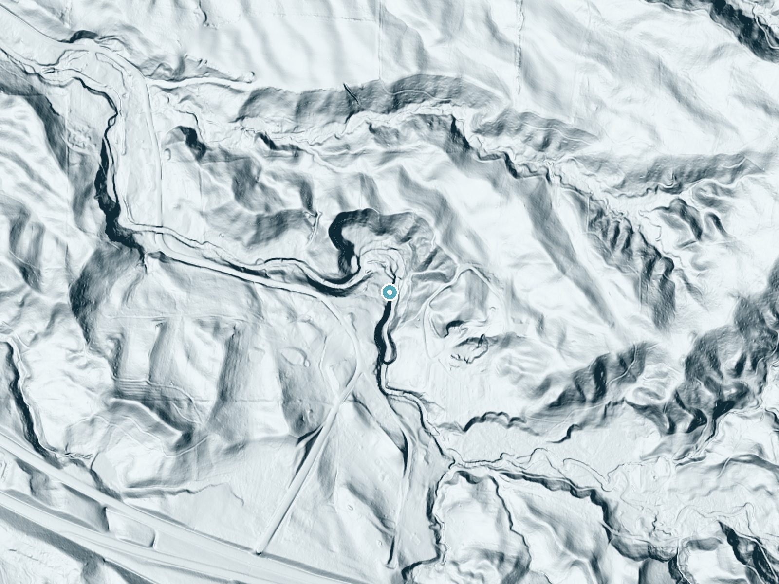 LiDAR bare-earth terrain around Stone Falls near Dansville, New York, showing about 109 feet of drop, a steep tiered drop, facing northwest