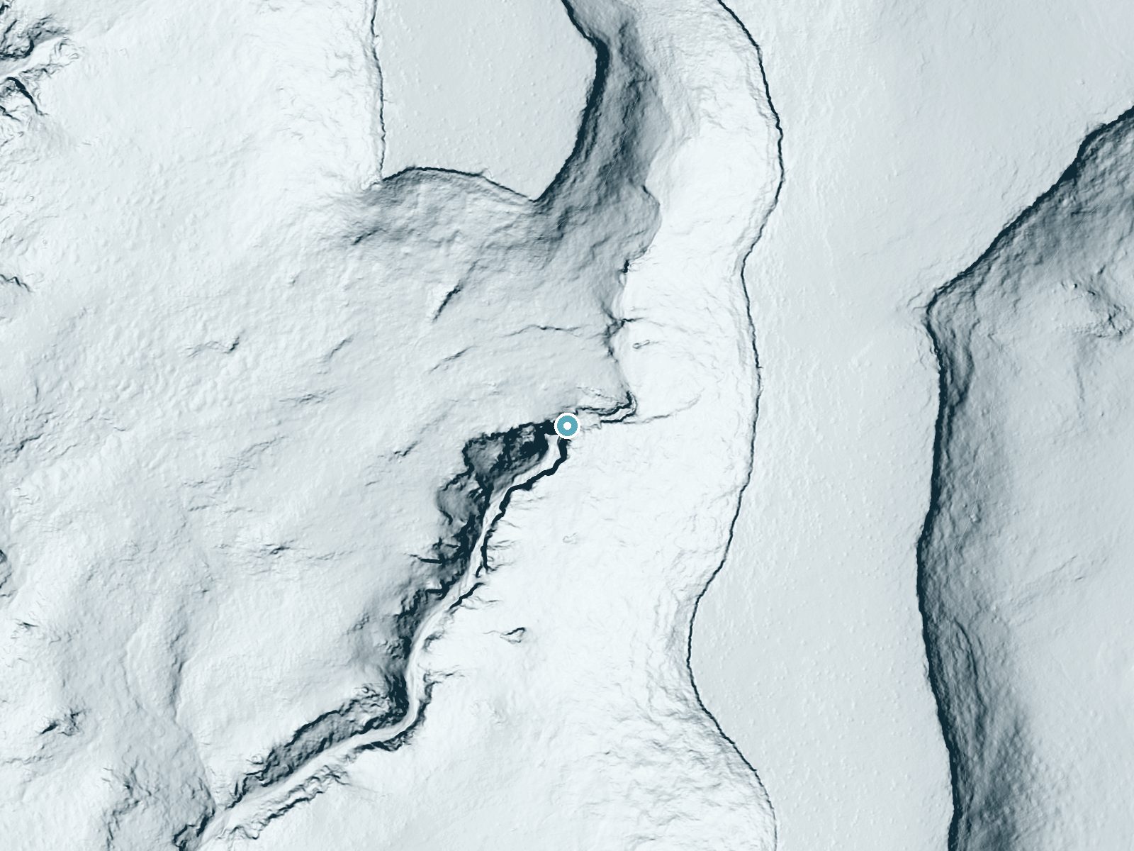 LiDAR bare-earth terrain around Camel Falls near Murphy, Idaho, showing about 136 feet of drop, a steep tiered drop, facing southwest